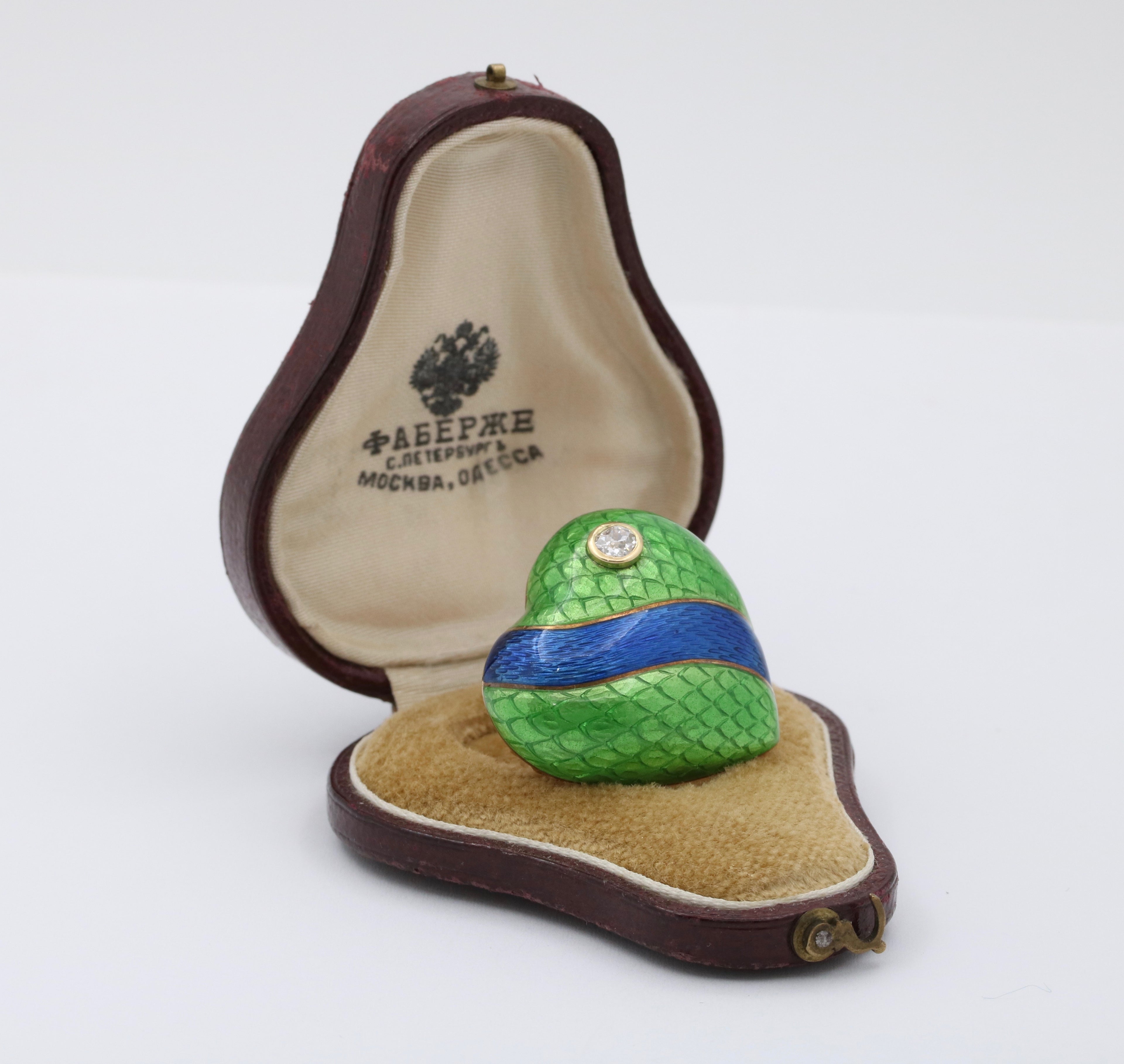 1930’s Faberge Russian Diamond Green Enamel Heart Brooch