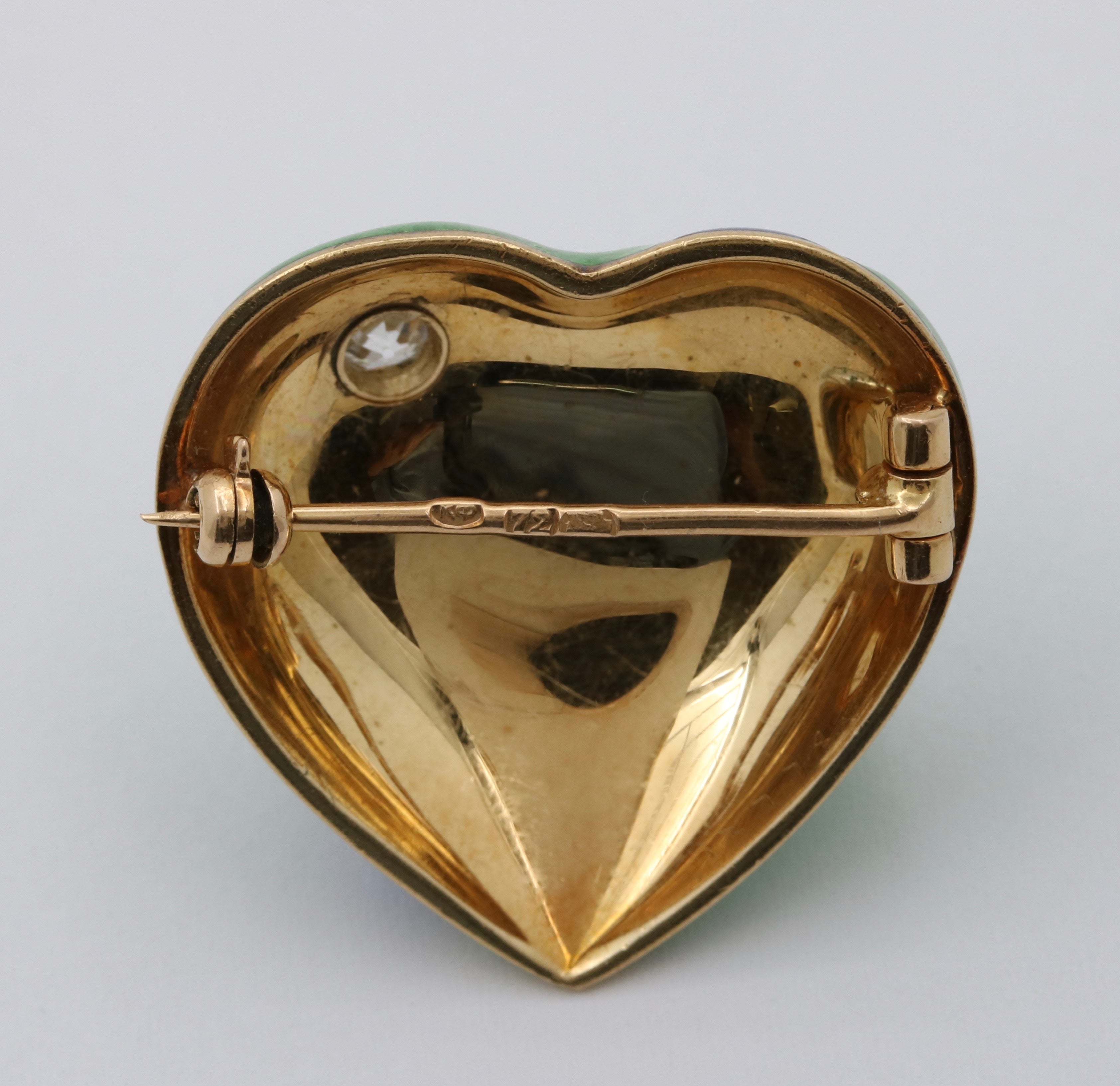 1930’s Faberge Russian Diamond Green Enamel Heart Brooch