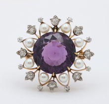 Load image into Gallery viewer, Antique Victorian 14K Yellow Gold Amethyst, Diamond and Pearl Brooch
