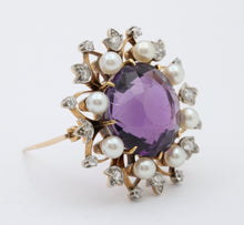 Load image into Gallery viewer, Antique Victorian 14K Yellow Gold Amethyst, Diamond and Pearl Brooch
