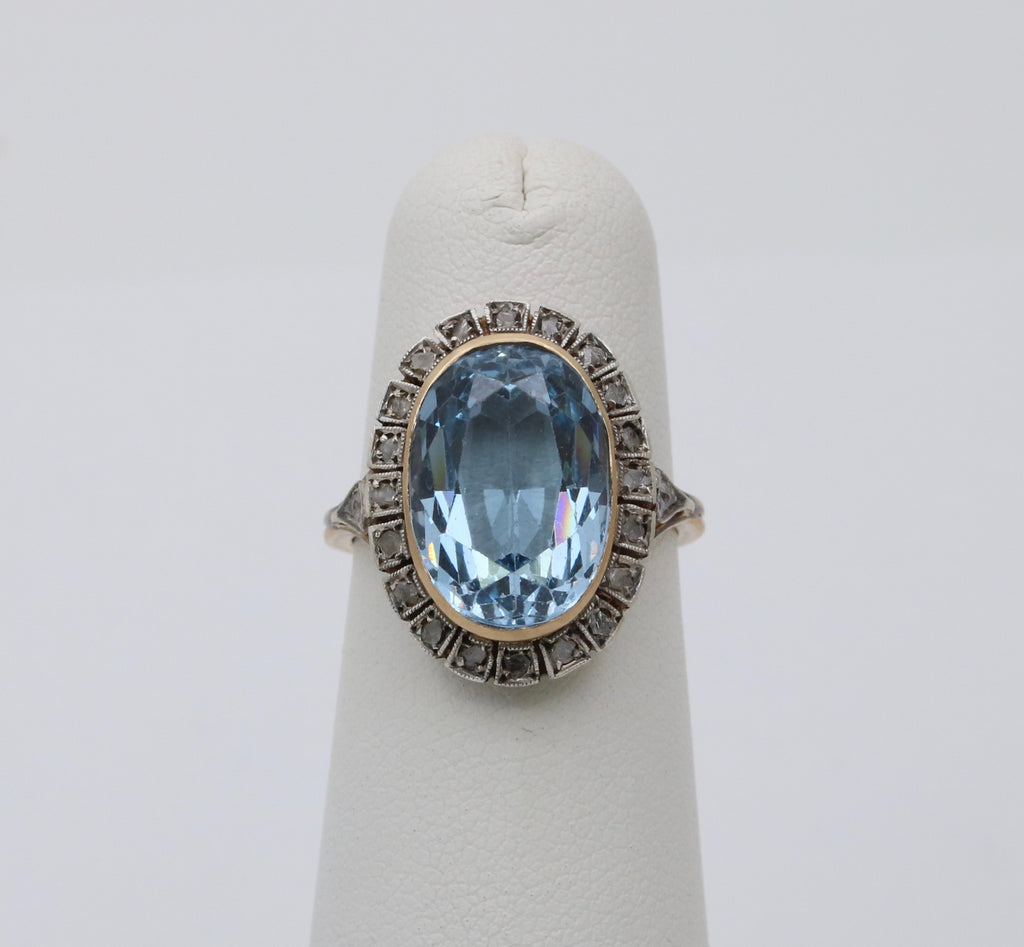 Vintage Portugal 14K Yellow Gold & Silver Synthetic Spinel and Diamond Ring.