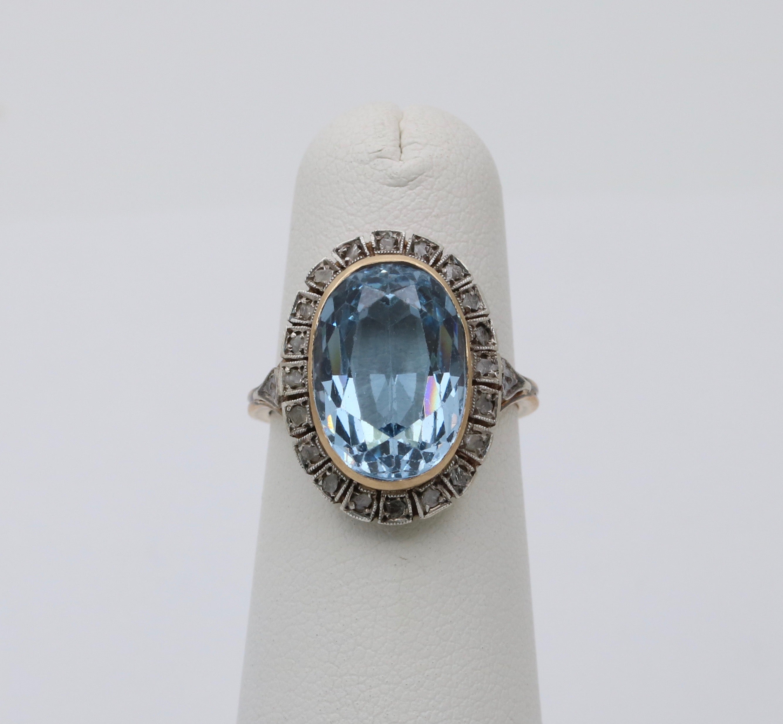 Vintage Portugal 14K Yellow Gold & Silver Synthetic Spinel and Diamond Ring.