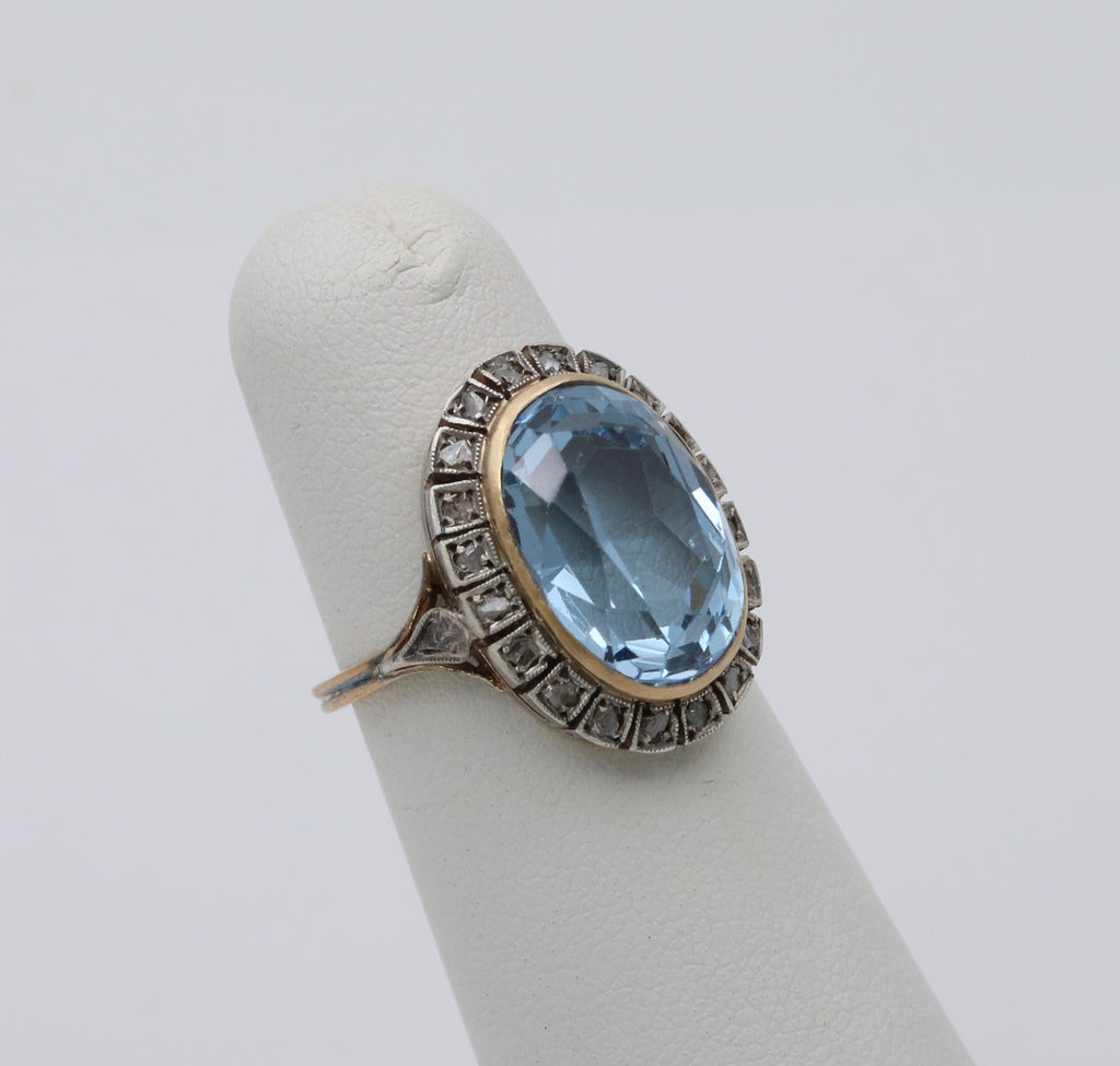 Vintage Portugal 14K Yellow Gold & Silver Synthetic Spinel and Diamond Ring.