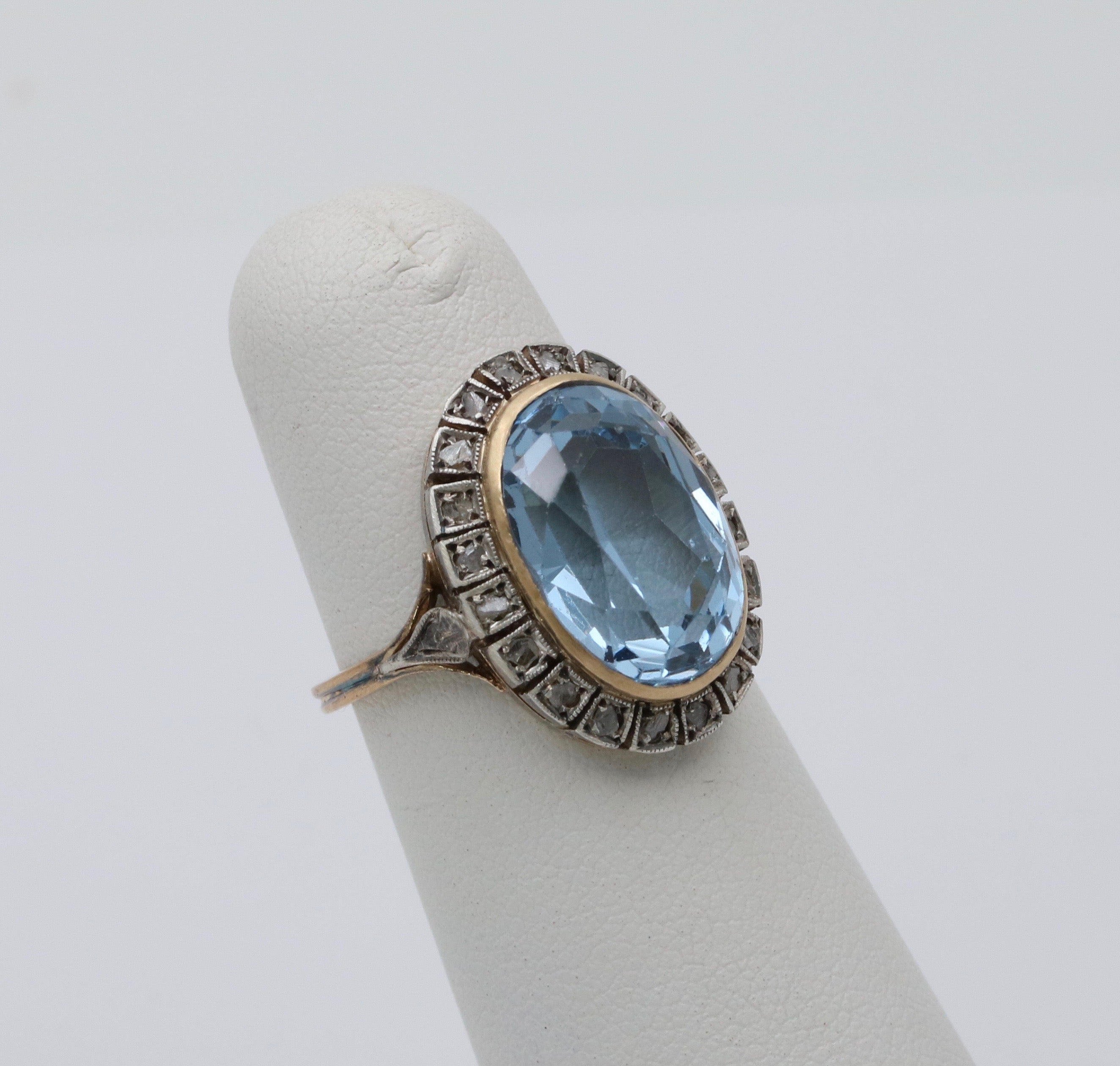 Vintage Portugal 14K Yellow Gold & Silver Synthetic Spinel and Diamond Ring.