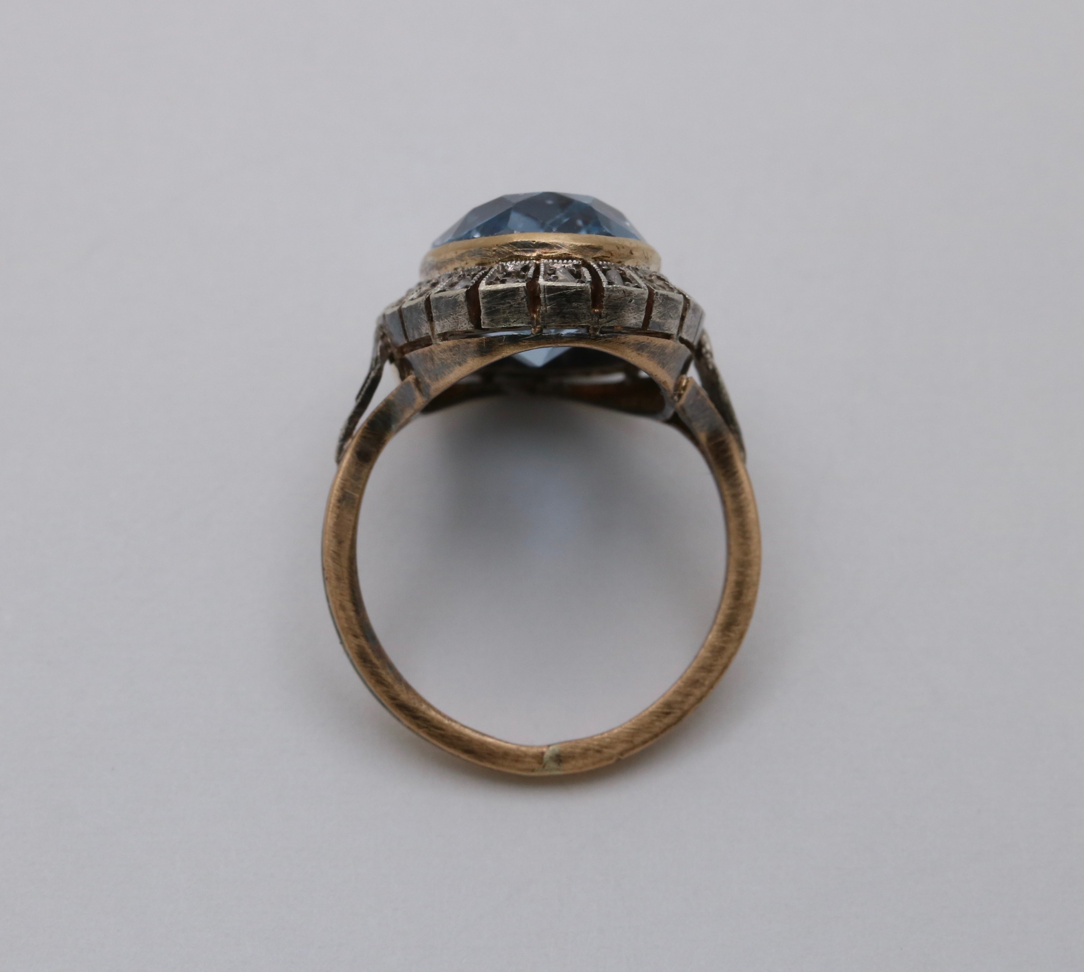 Vintage Portugal 14K Yellow Gold & Silver Synthetic Spinel and Diamond Ring.