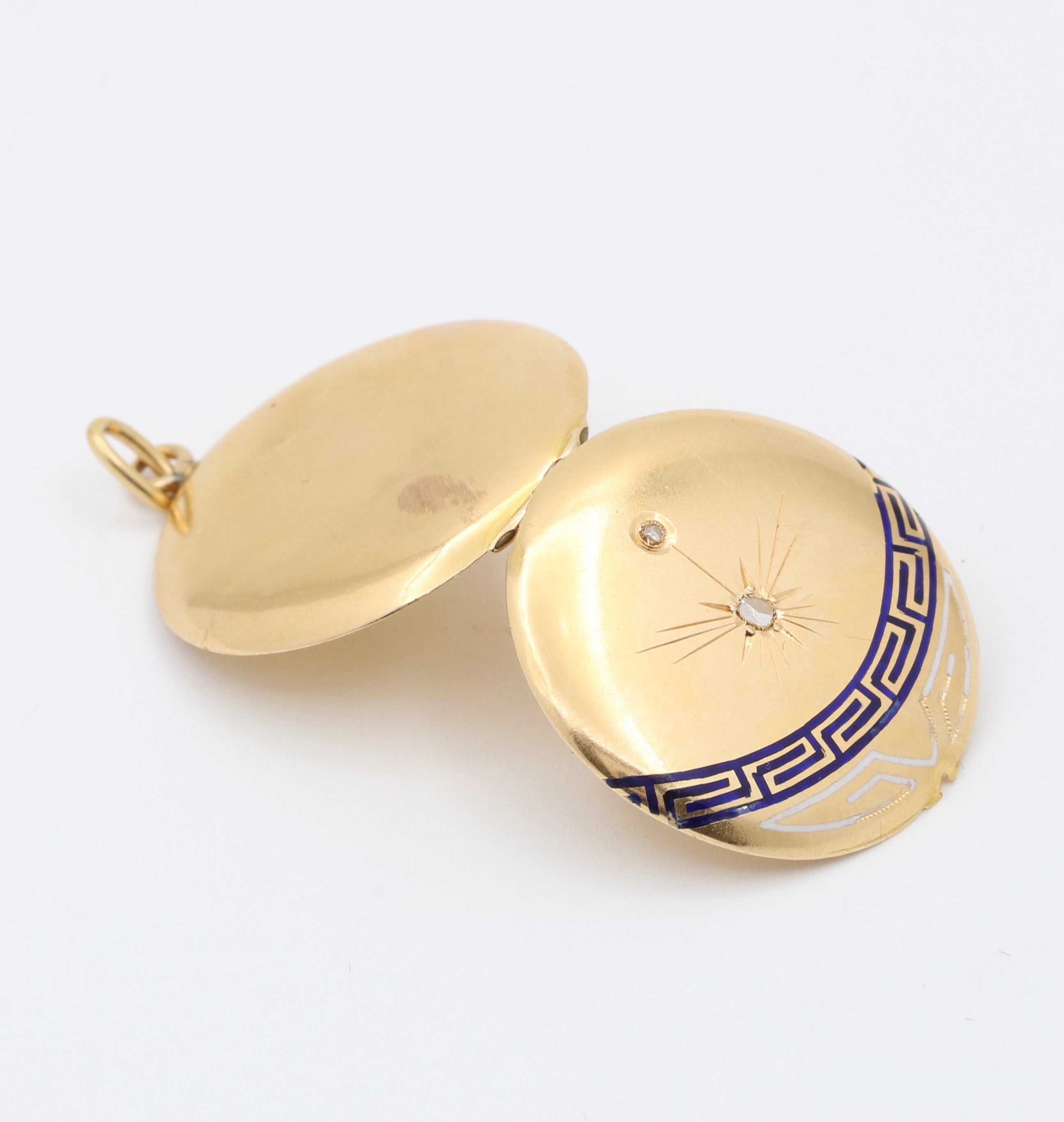 Art Deco 18K Yellow Gold Greek Key Enamel Diamond Locket Pendant