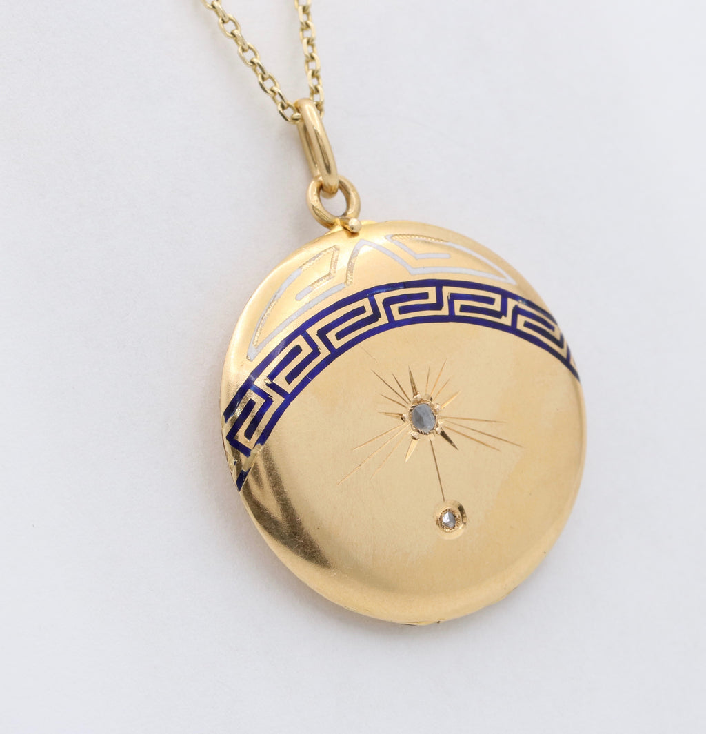 Art Deco 18K Yellow Gold Greek Key Enamel Diamond Locket Pendant