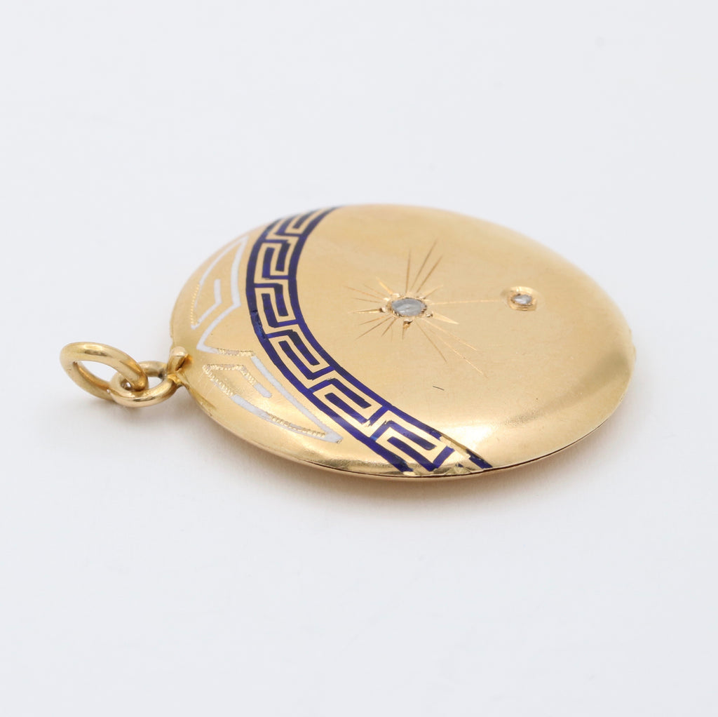 Art Deco 18K Yellow Gold Greek Key Enamel Diamond Locket Pendant