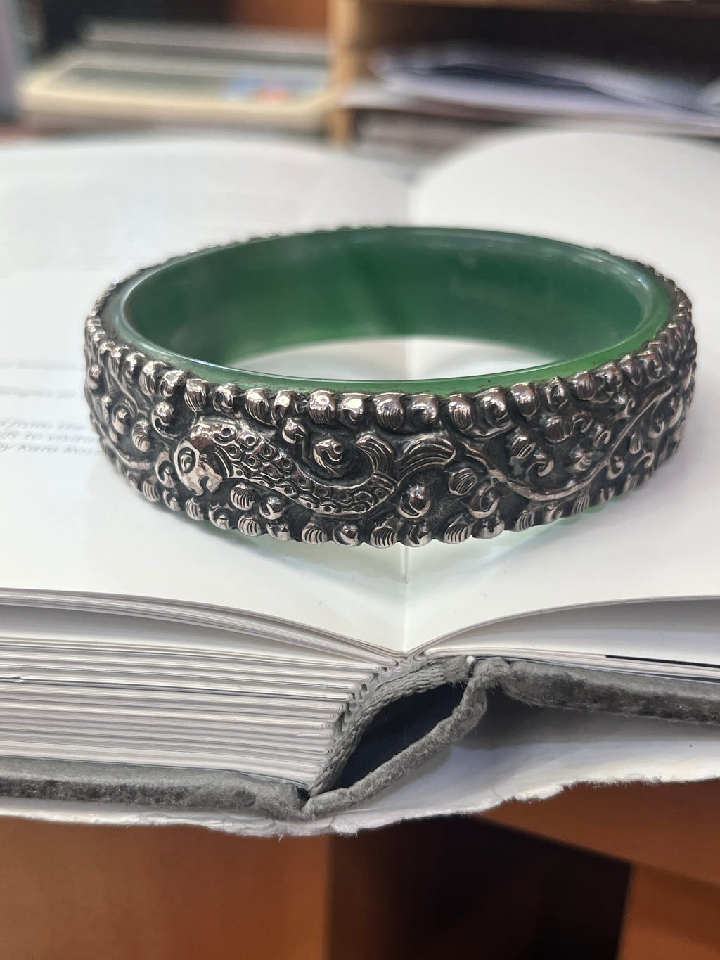 Vintage Sterling Silver Jade Fish, Butterfly and Chinese Peach Bangle