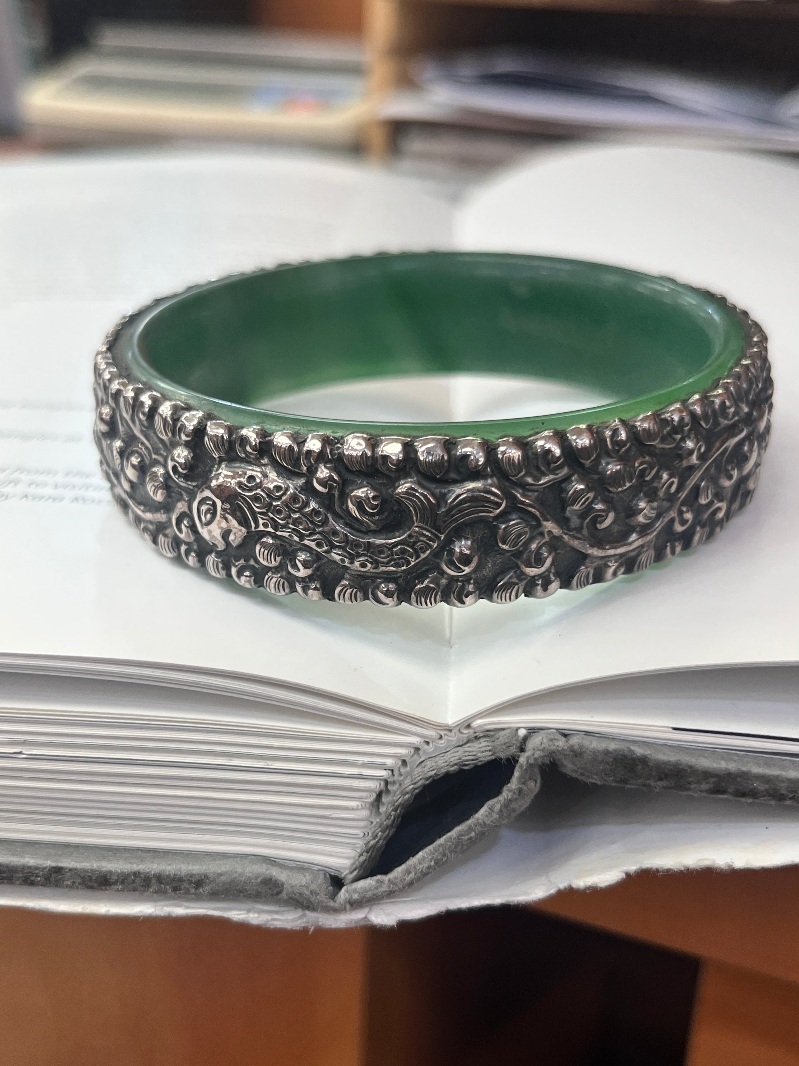 Vintage Sterling Silver Jade Fish, Butterfly and Chinese Peach Bangle