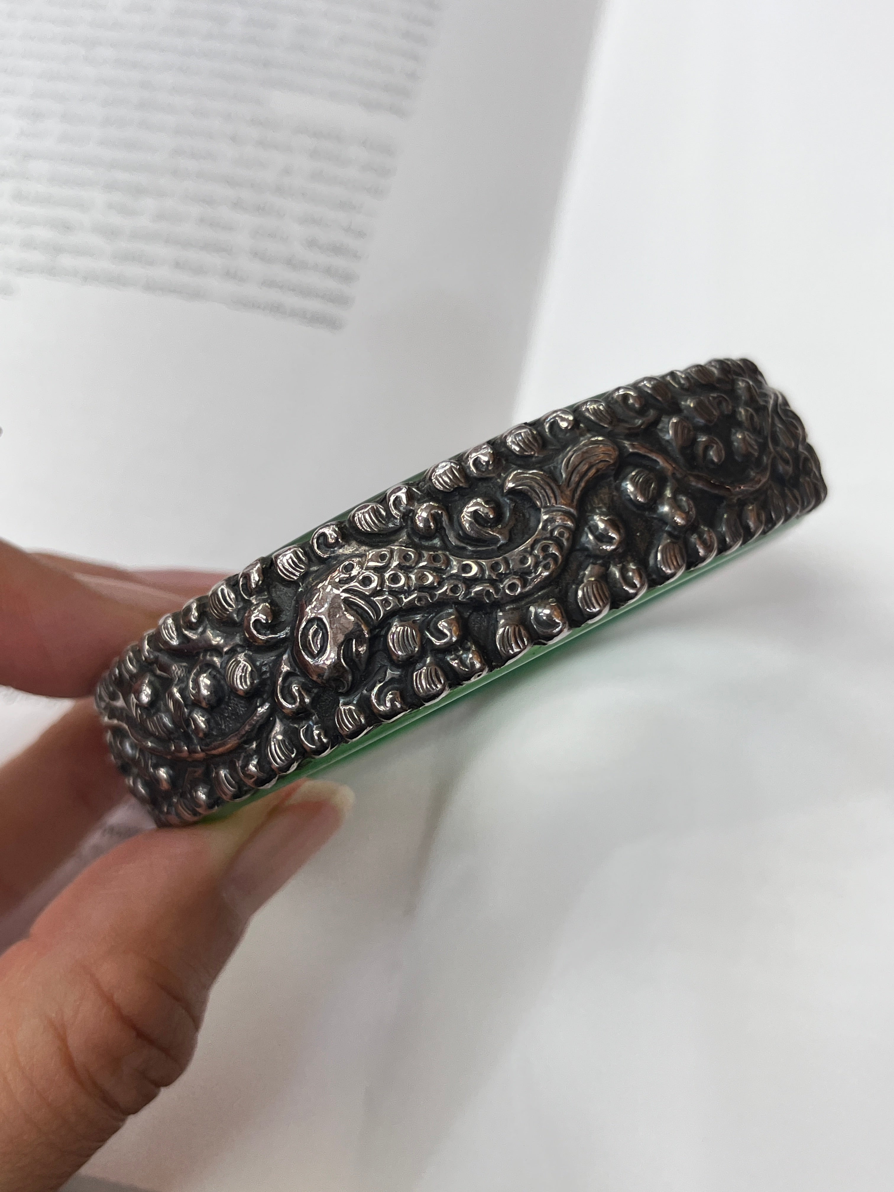 Vintage Sterling Silver Jade Fish, Butterfly and Chinese Peach Bangle