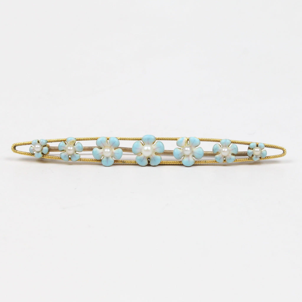 Art Nouveau 14K Yellow Gold Forget Me Not Flower Enamel Bar Pin