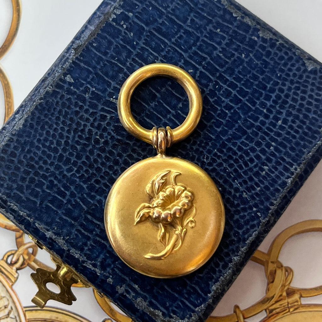 Antique 14K Yellow Gold Morning Glory High Relief  Watch Fob Pendant