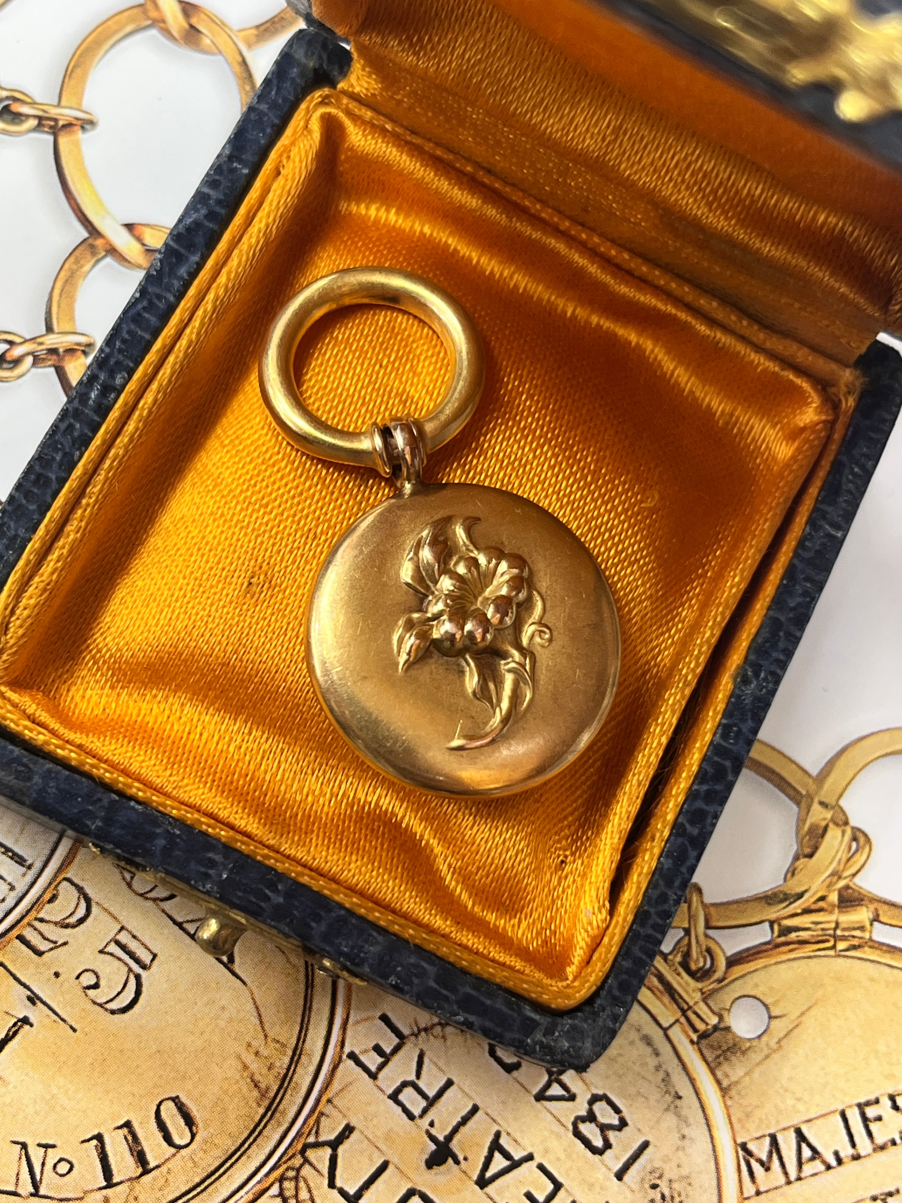 Antique 14K Yellow Gold Morning Glory High Relief  Watch Fob Pendant