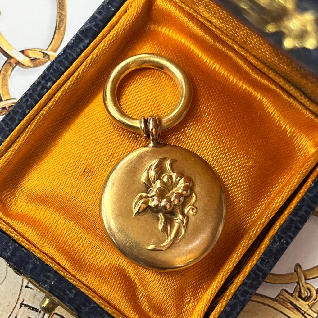 Antique 14K Yellow Gold Morning Glory High Relief  Watch Fob Pendant