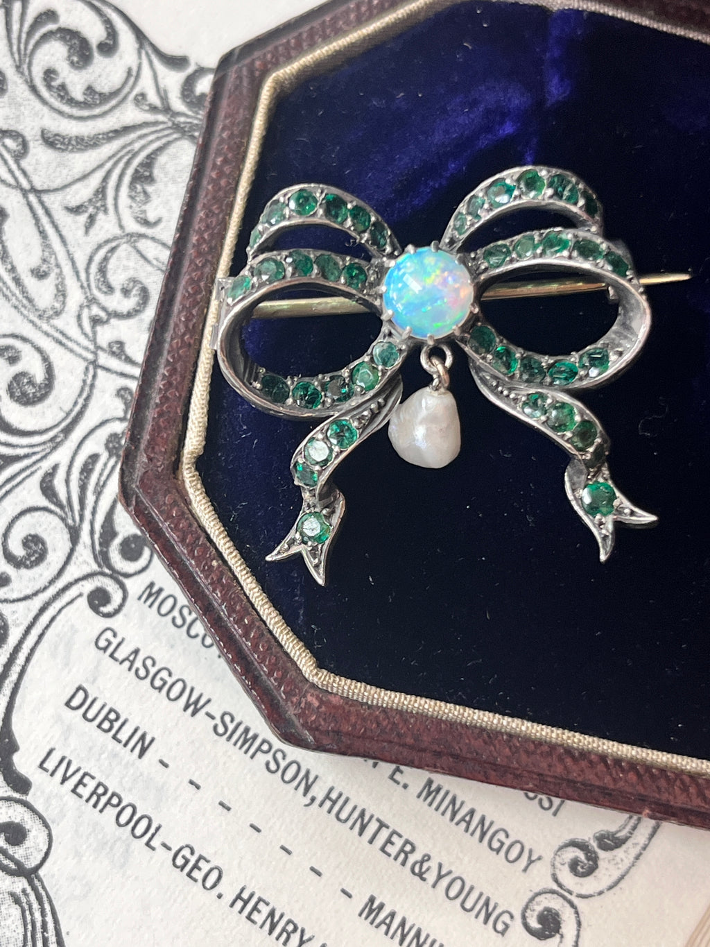 Antique Silver Emerald, Australian Opal And Pearl Brooch.