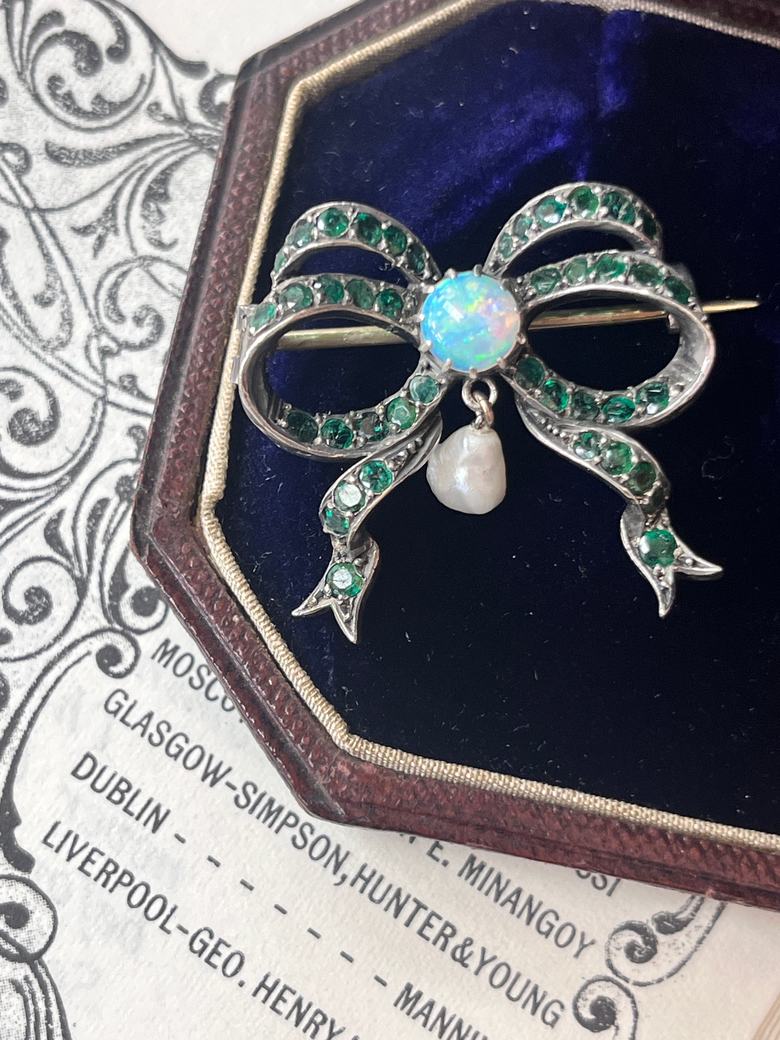 Antique Silver Emerald, Australian Opal And Pearl Brooch.