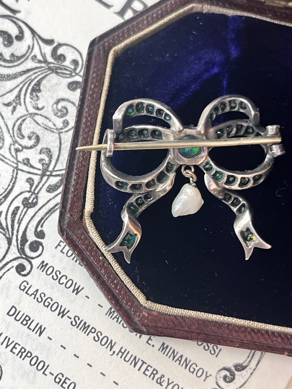Antique Silver Emerald, Australian Opal And Pearl Brooch.