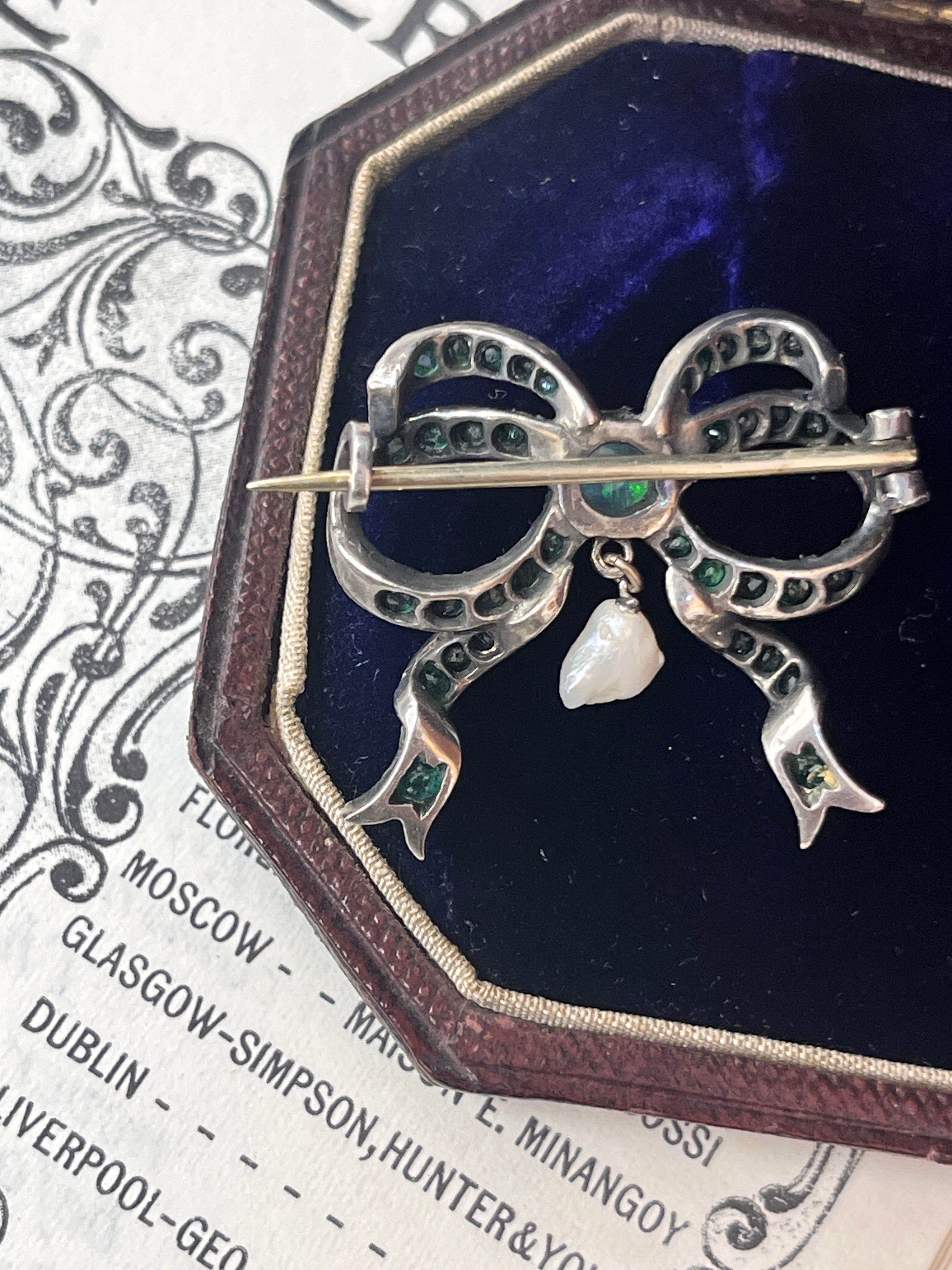 Antique Silver Emerald, Australian Opal And Pearl Brooch.