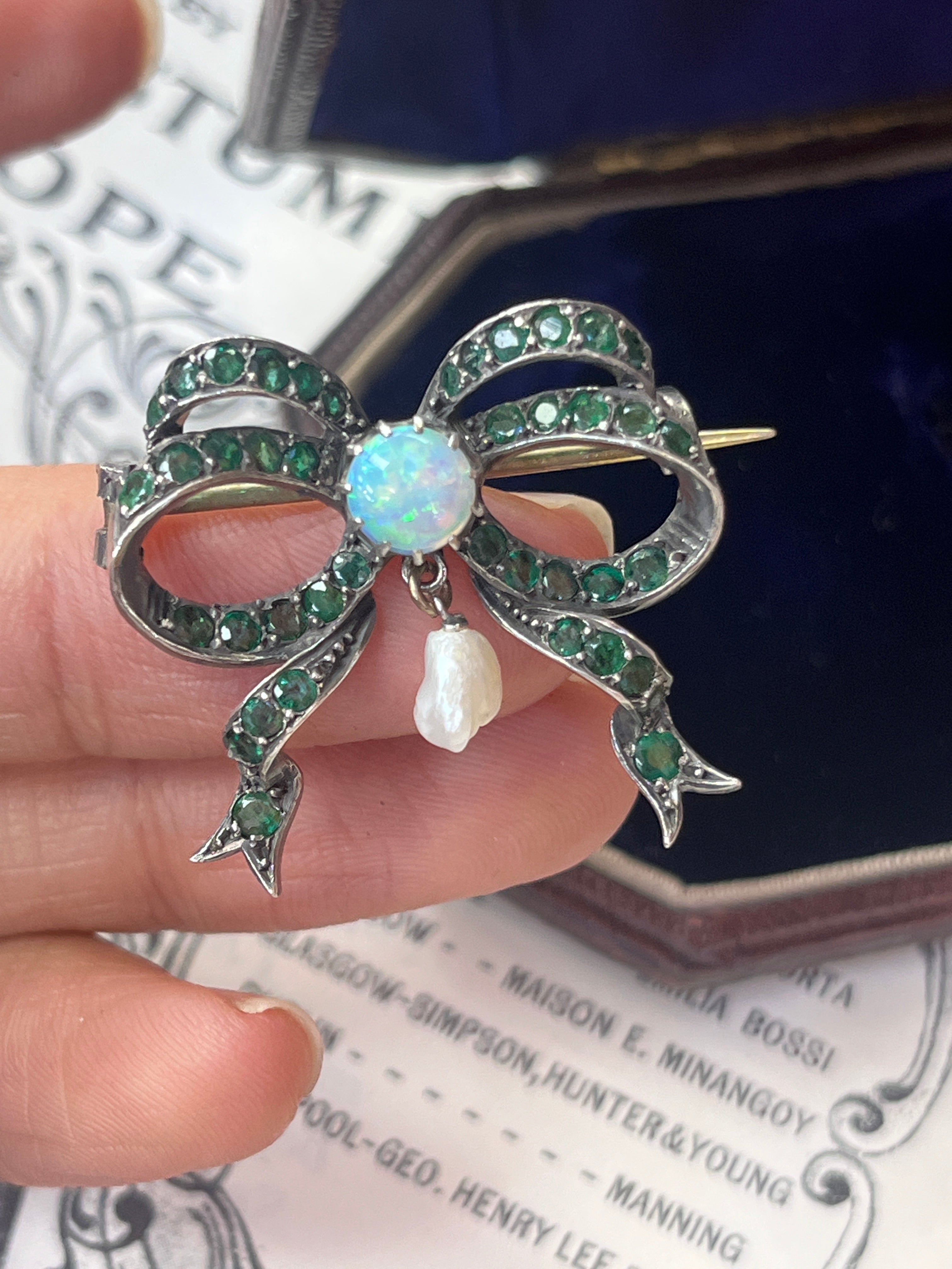 Antique Silver Emerald, Australian Opal And Pearl Brooch.