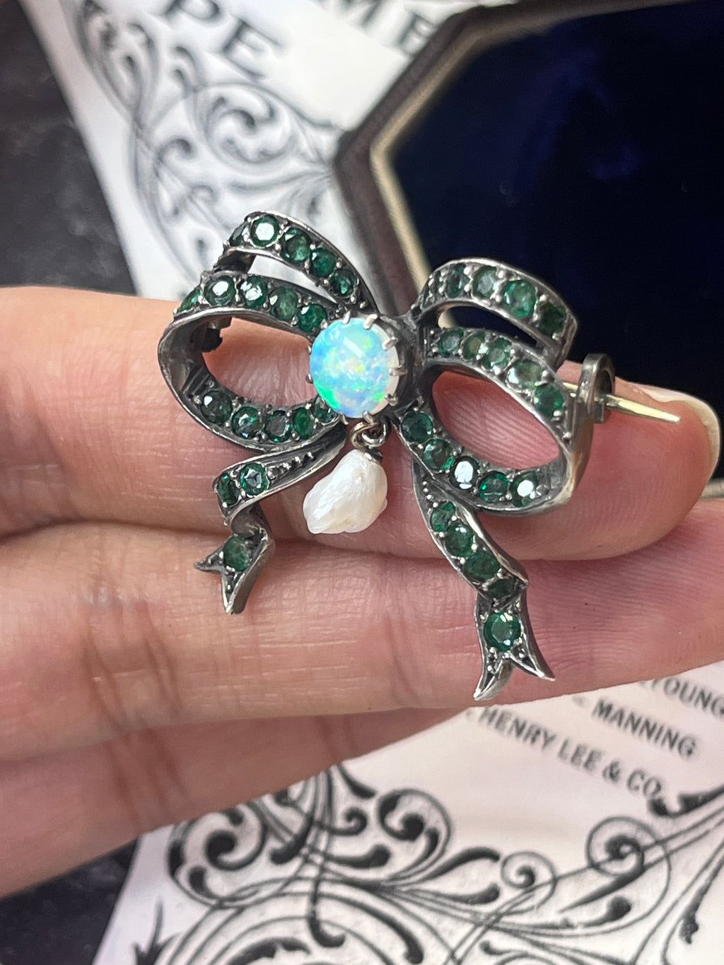 Antique Silver Emerald, Australian Opal And Pearl Brooch.