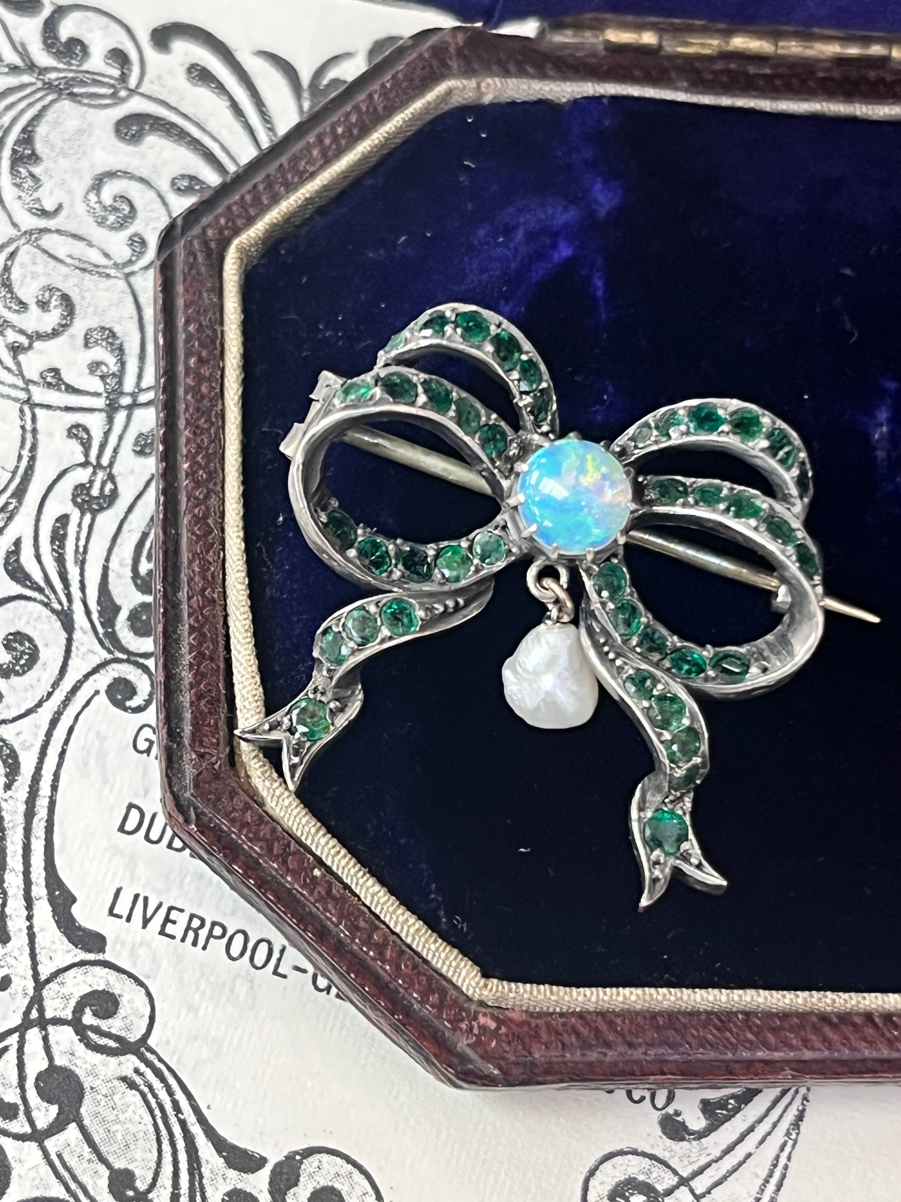 Antique Silver Emerald, Australian Opal And Pearl Brooch.
