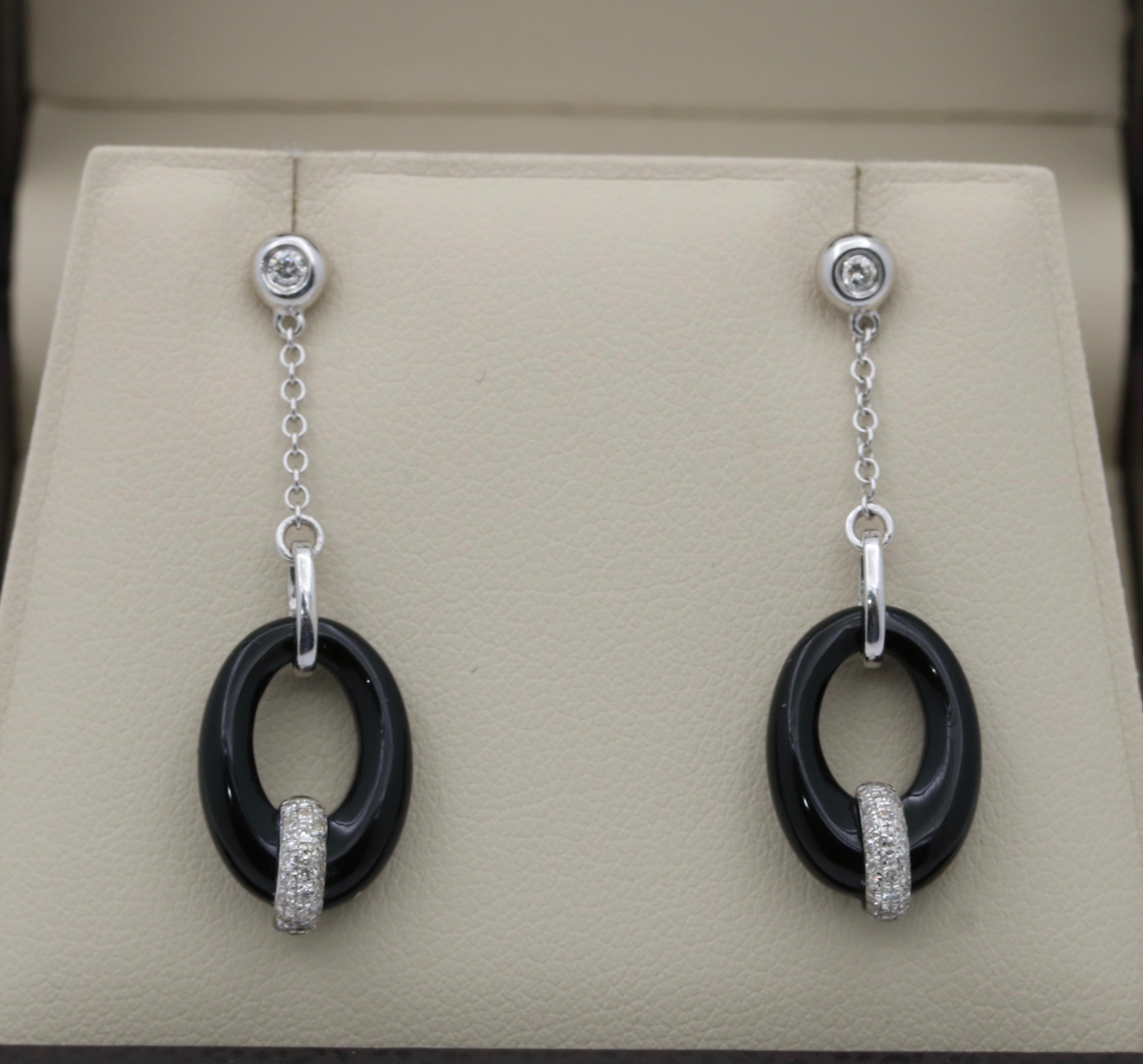 Vintage 14K White Gold Onyx Diamond Dangling Earrings