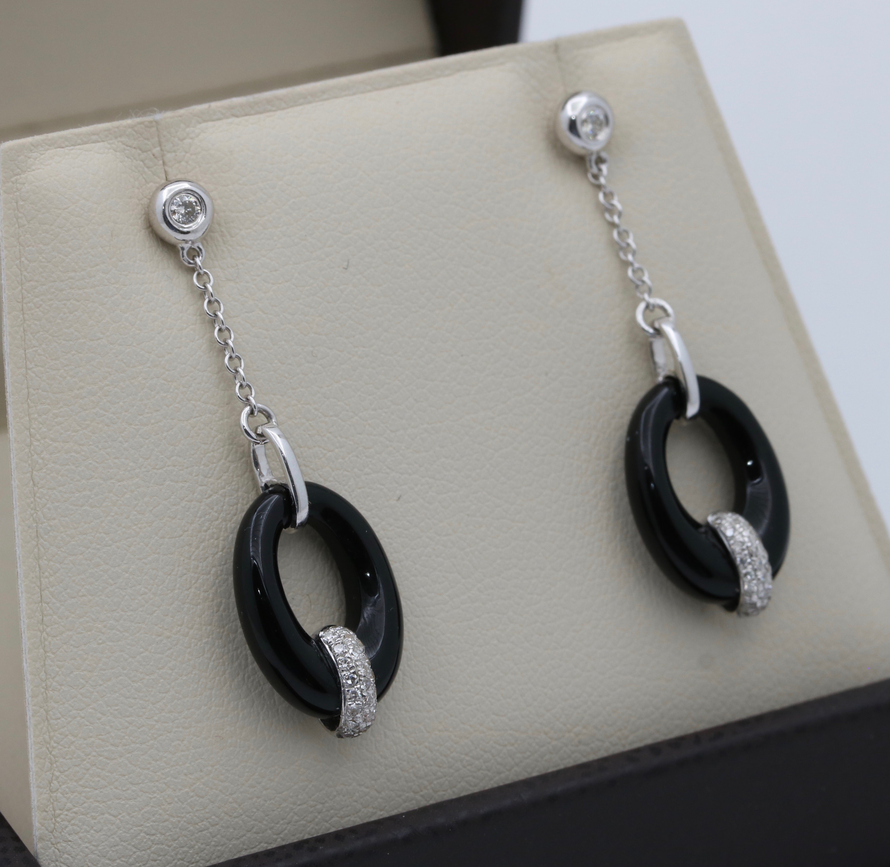 Vintage 14K White Gold Onyx Diamond Dangling Earrings