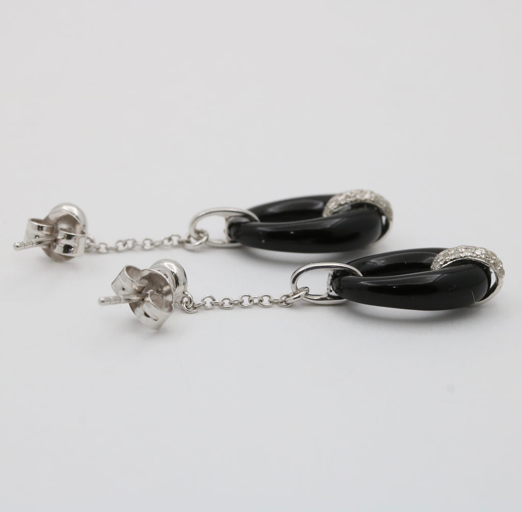 Vintage 14K White Gold Onyx Diamond Dangling Earrings