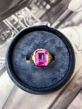 Load image into Gallery viewer, Vintage 14K Yellow Gold Vivid Pink Emerald Cut Bezel Set Ring
