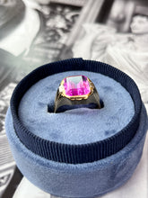 Load image into Gallery viewer, Vintage 14K Yellow Gold Vivid Pink Emerald Cut Bezel Set Ring
