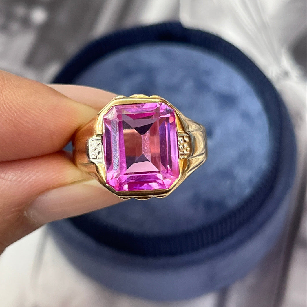 Vintage 14K Yellow Gold Vivid Pink Emerald Cut Bezel Set Ring