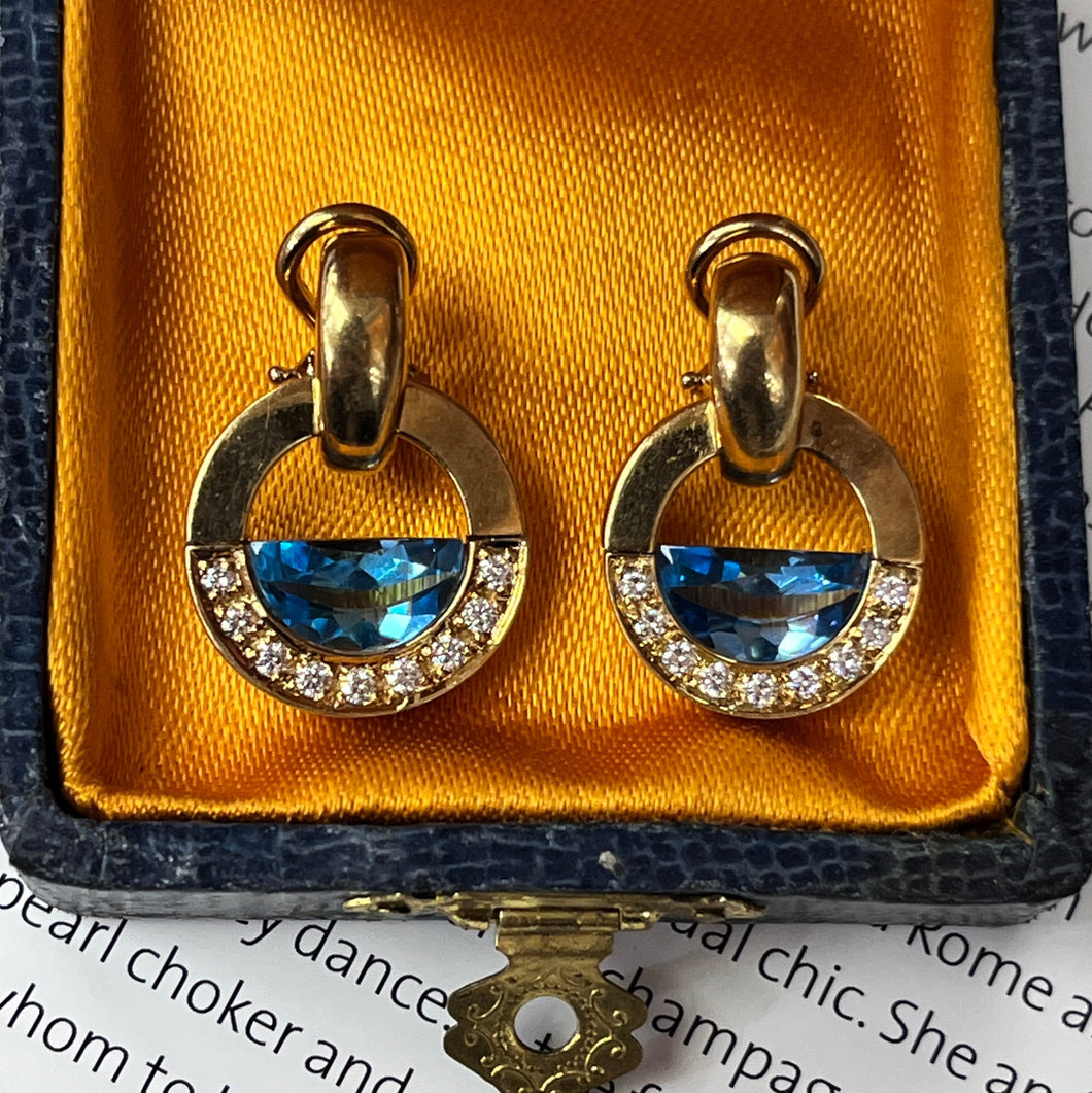 Vintage Movado 1980’s Style Rudius 18K Yellow Gold Blue Topaz & Diamond Earrings.