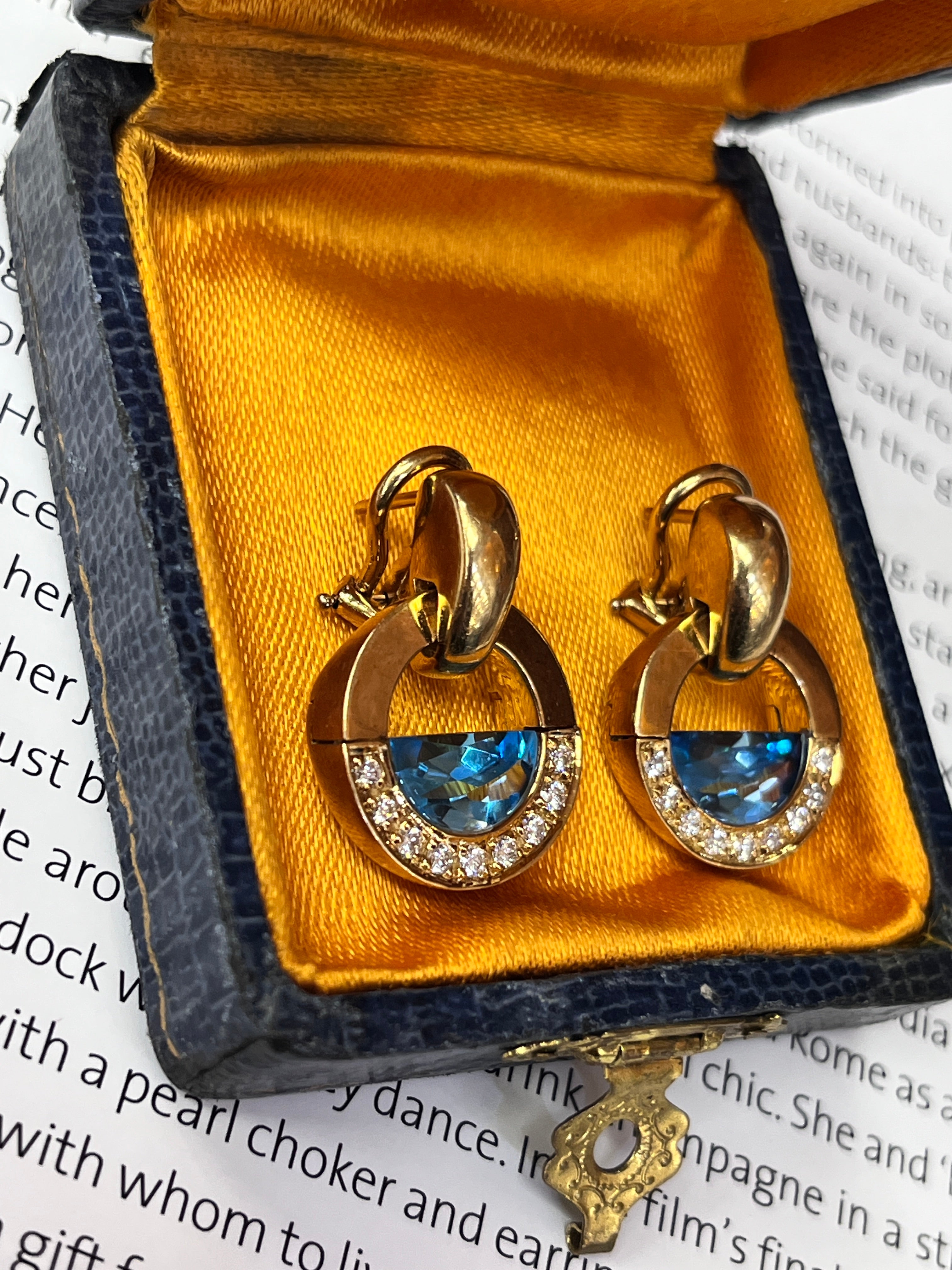 Vintage Movado 1980’s Style Rudius 18K Yellow Gold Blue Topaz & Diamond Earrings.