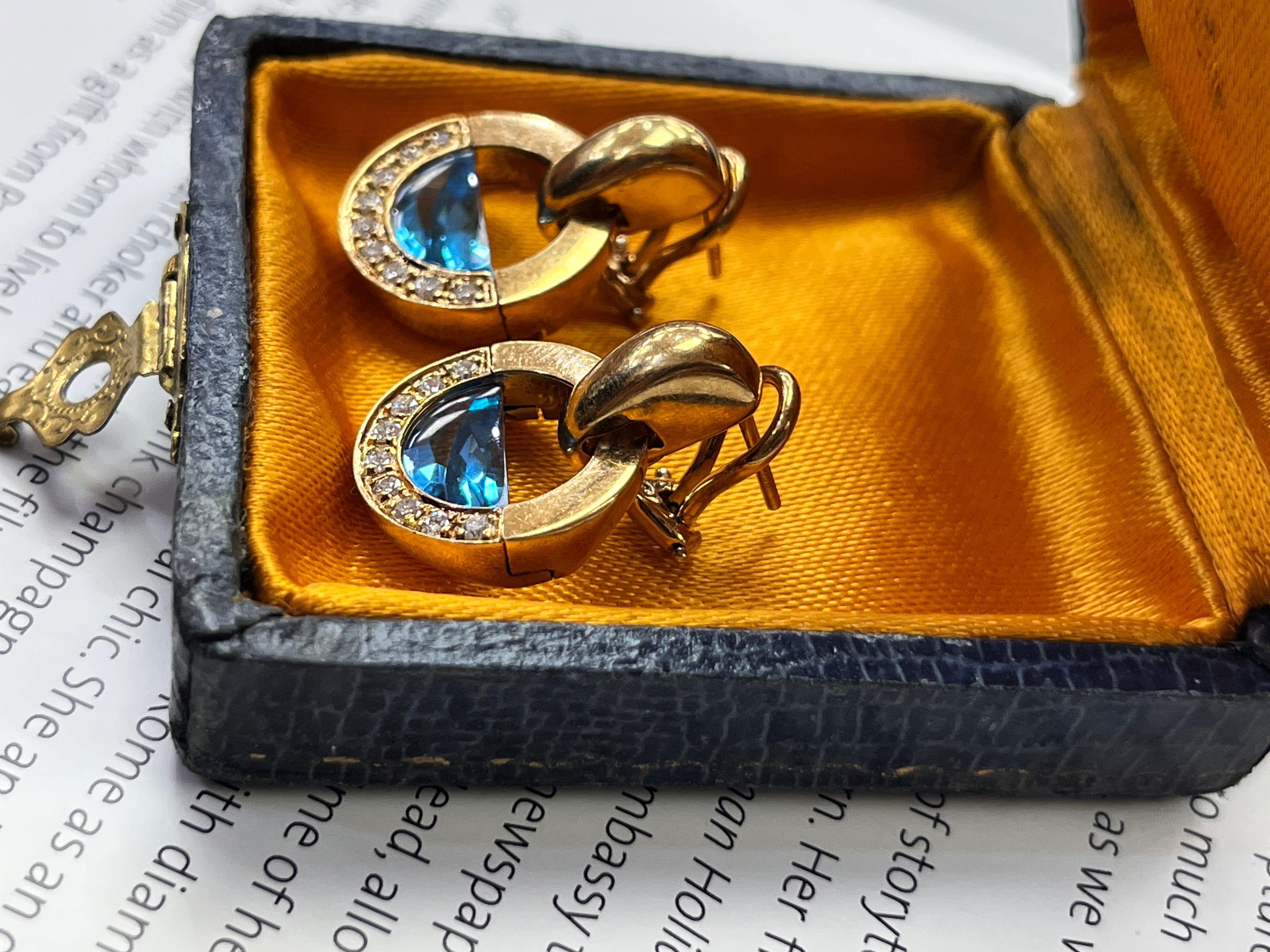 Vintage Movado 1980’s Style Rudius 18K Yellow Gold Blue Topaz & Diamond Earrings.