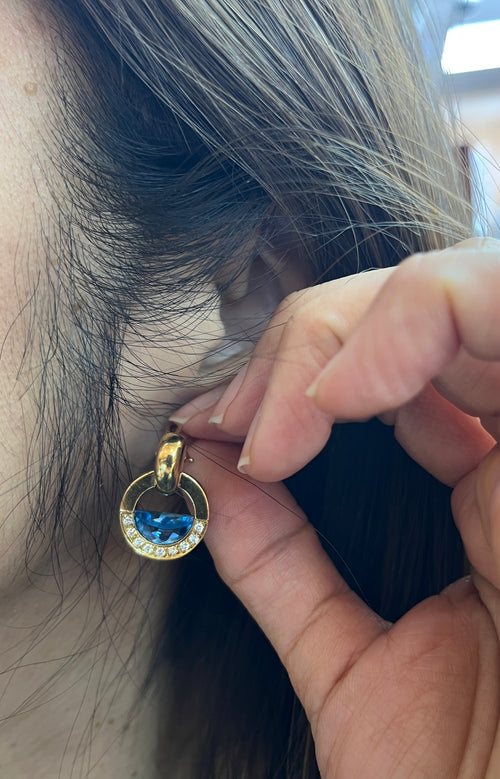 Vintage Movado 1980’s Style Rudius 18K Yellow Gold Blue Topaz & Diamond Earrings.
