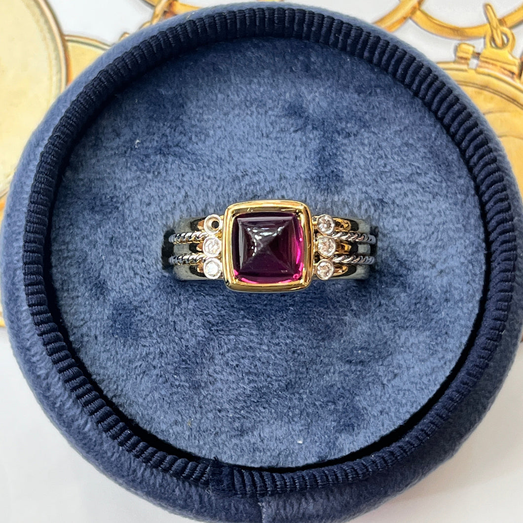 Vintage 18K Two Tone Rhodolite Garnet and Diamond Ring