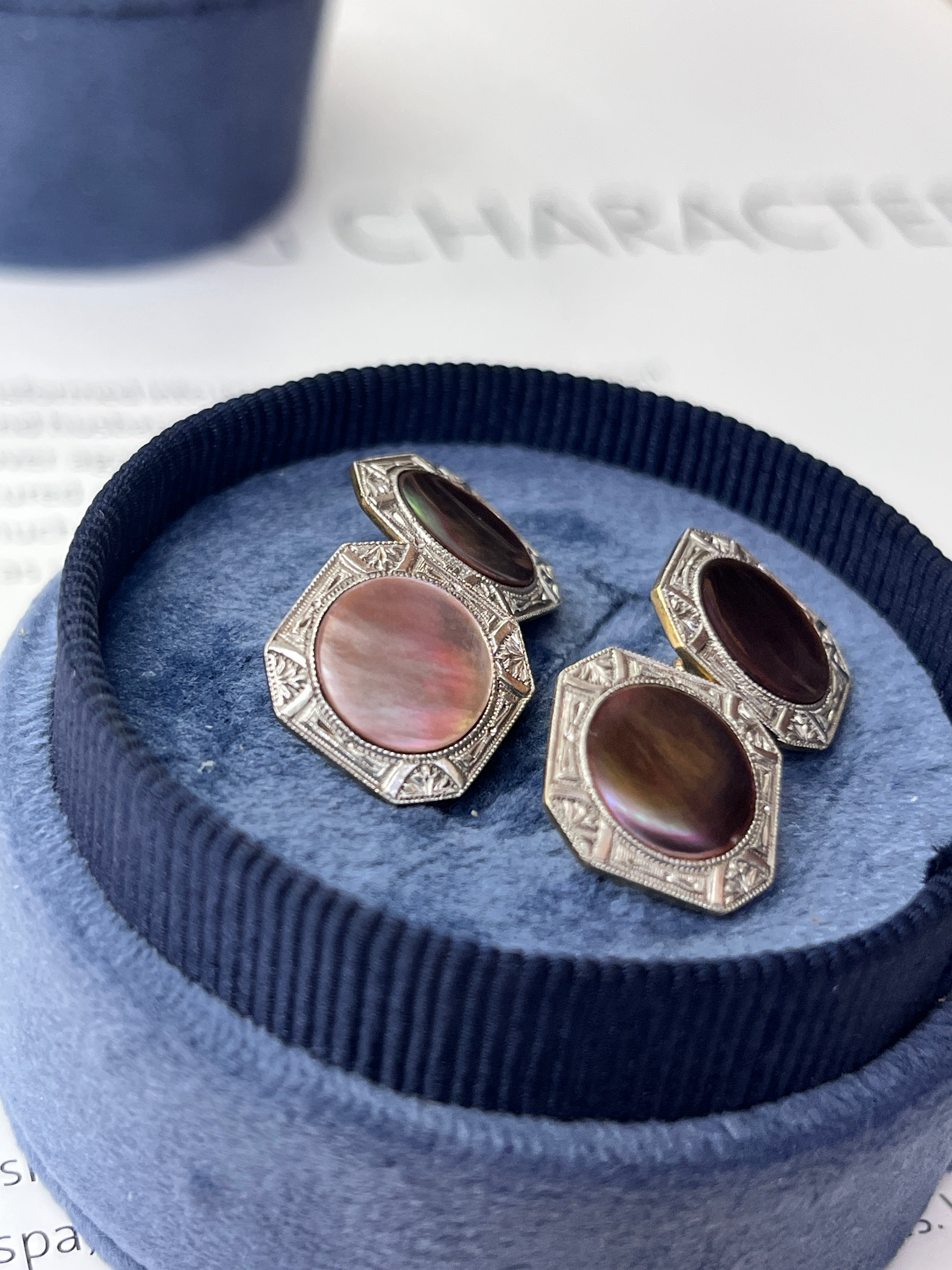 Art Deco 14K Two Tone Gold Mother Of Pearl Cufflinks