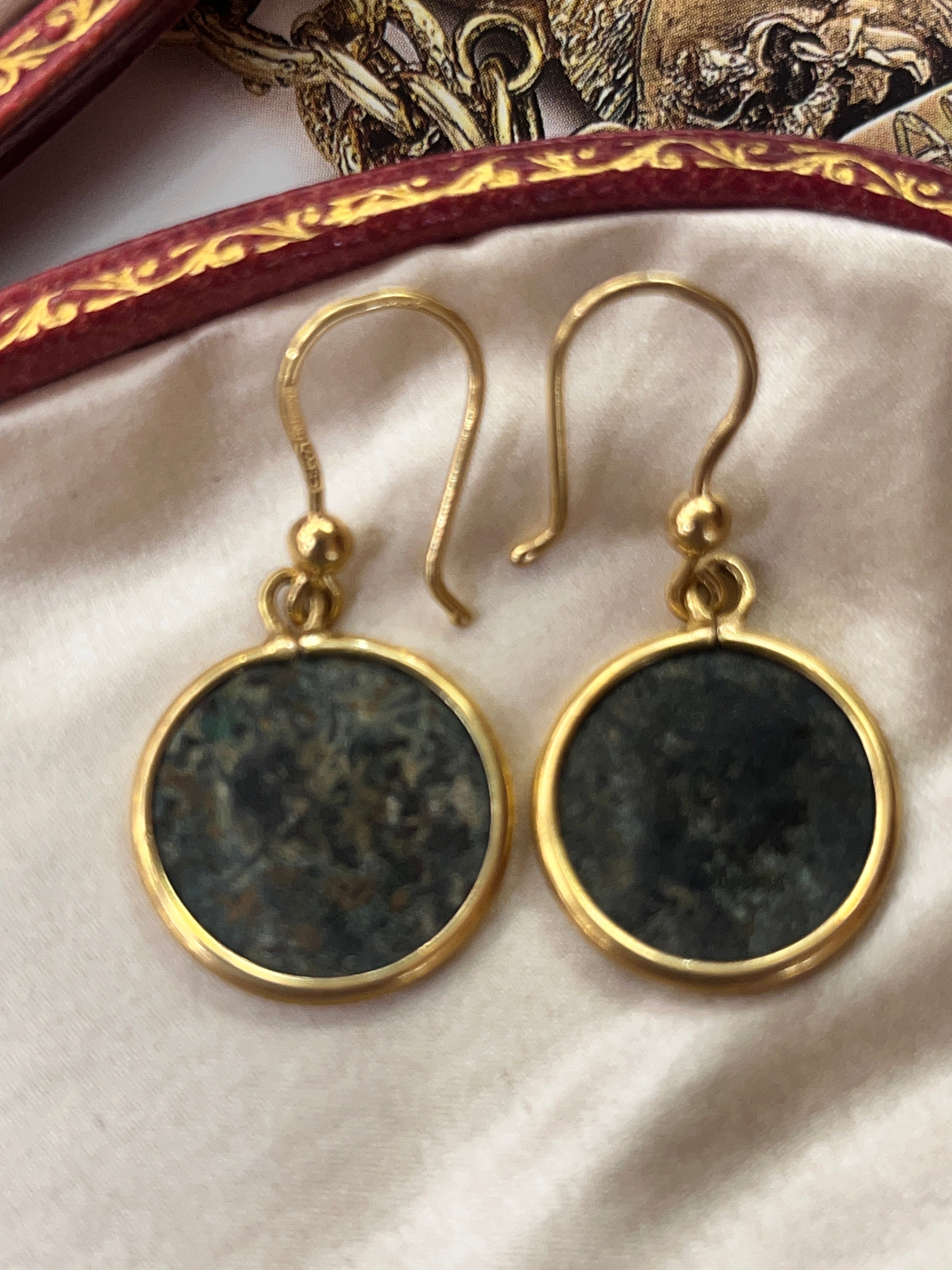 Vintage 18K Yellow Gold Ancient Coin Dangling Earrings