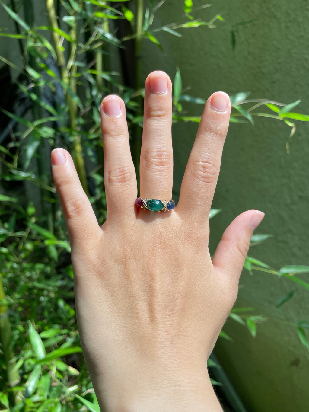 Vintage Three Stones Cabochon Emerald, Ruby And Sapphire 14K Yellow Gold Ring