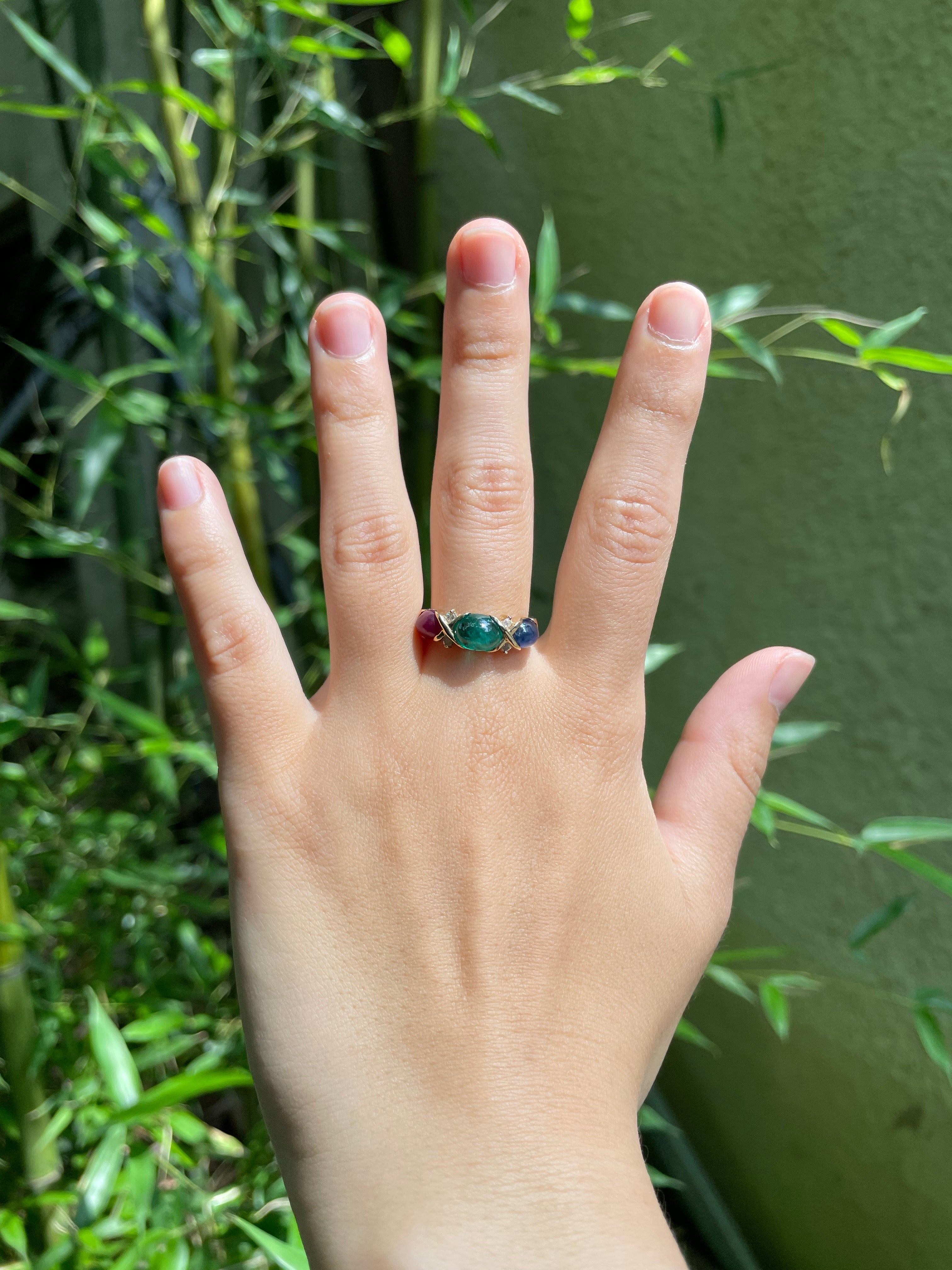 Vintage Three Stones Cabochon Emerald, Ruby And Sapphire 14K Yellow Gold Ring