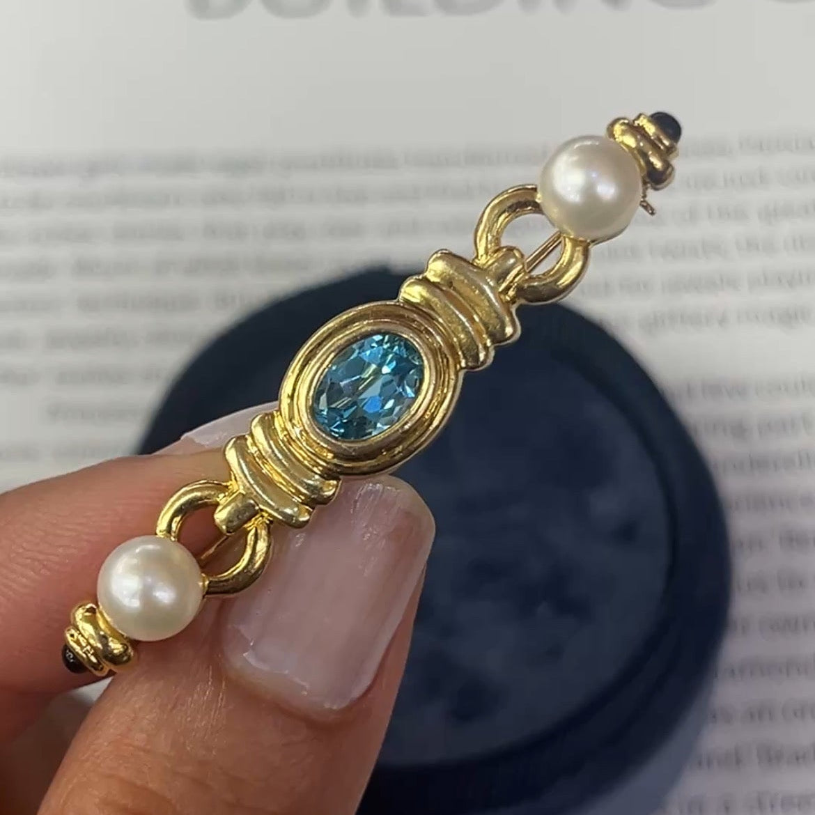 Vintage 14K Yellow Gold Pearl & Blue Zircon Bar Pin