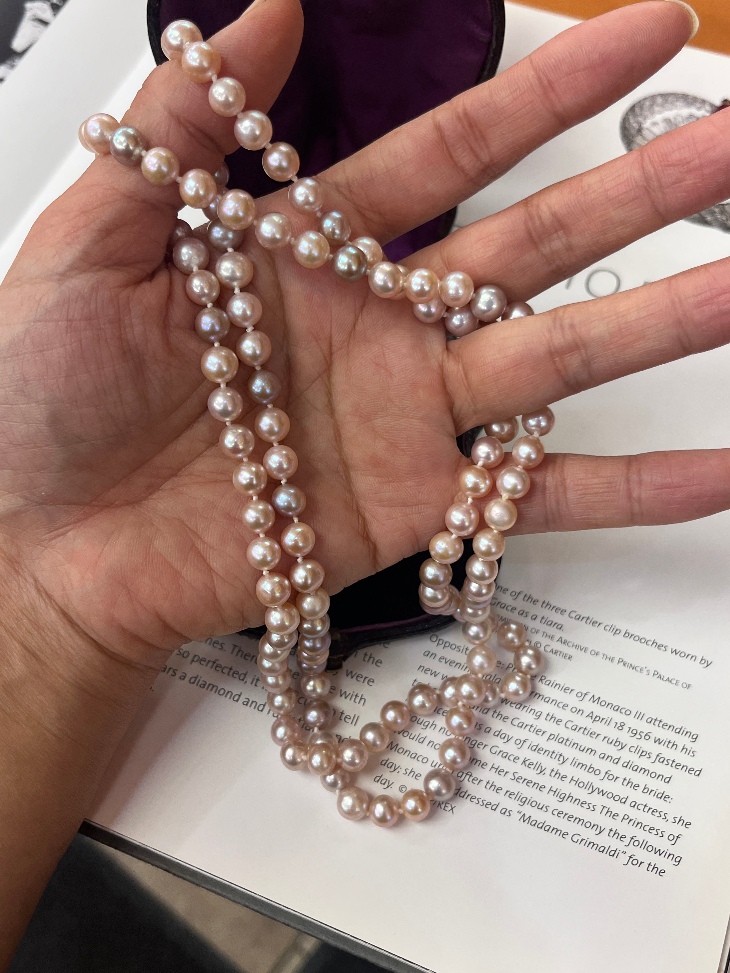 Vintage Pink & Purple Cultured Pearl 14K Yellow Gold Clasp Long  string  Necklace.