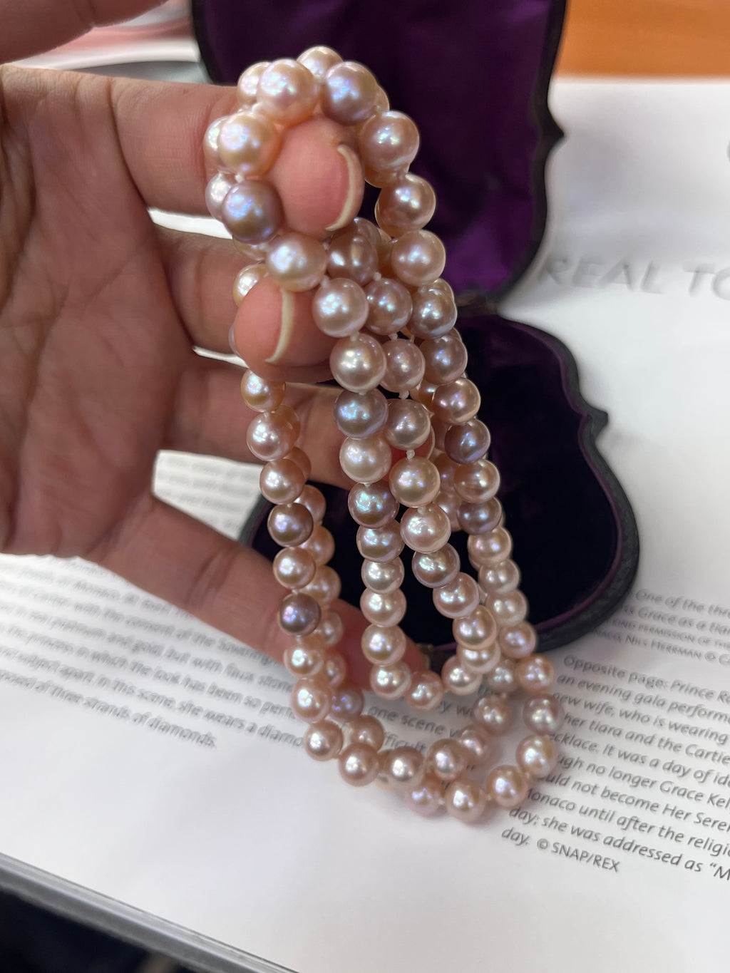 Vintage Pink & Purple Cultured Pearl 14K Yellow Gold Clasp Long  string  Necklace.