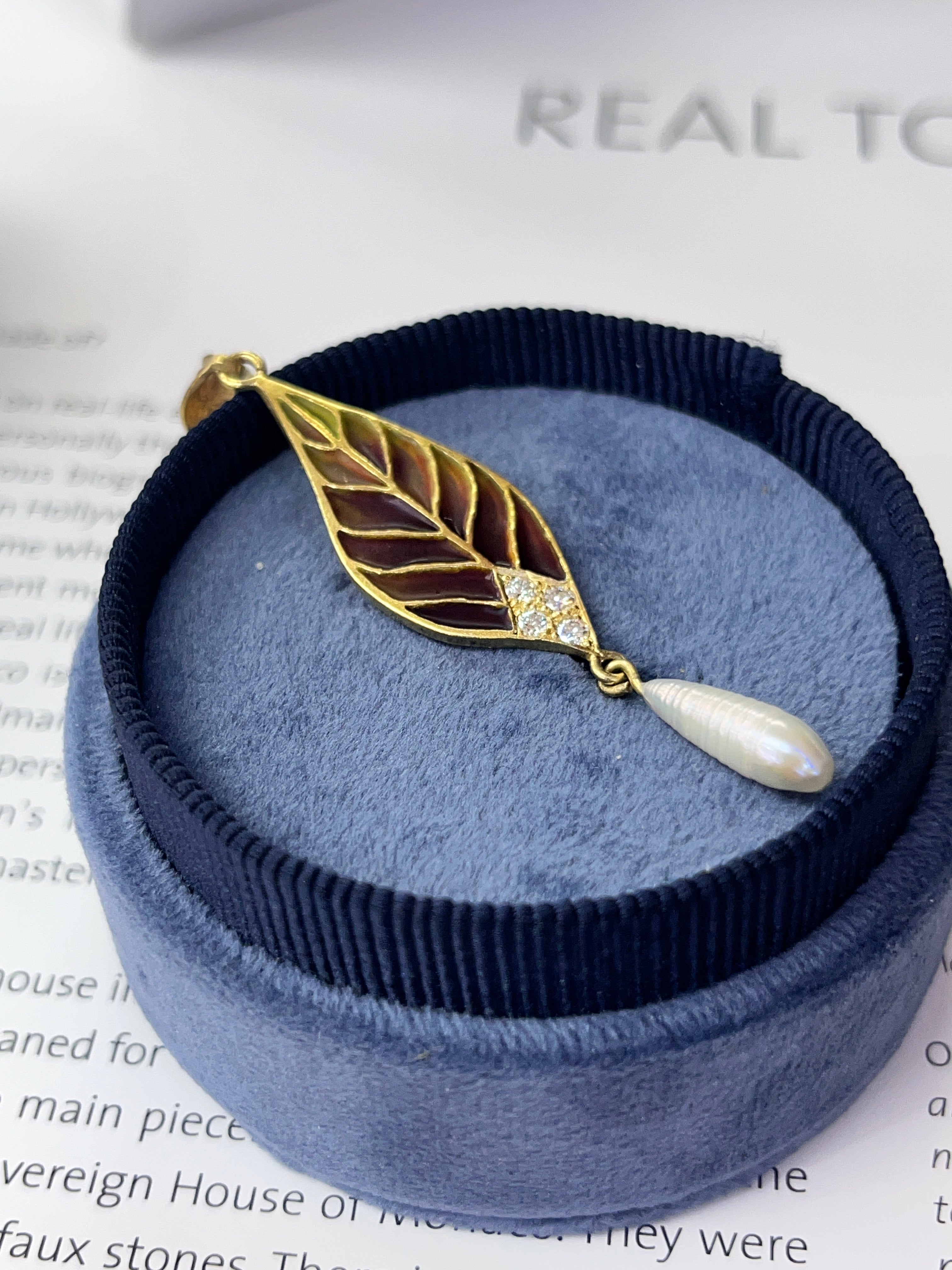 Vintage 18K Yellow Gold Plique A Jour Pearl Diamond Leaf Pendant