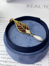 Load image into Gallery viewer, Vintage 18K Yellow Gold Plique A Jour Pearl Diamond Leaf Pendant
