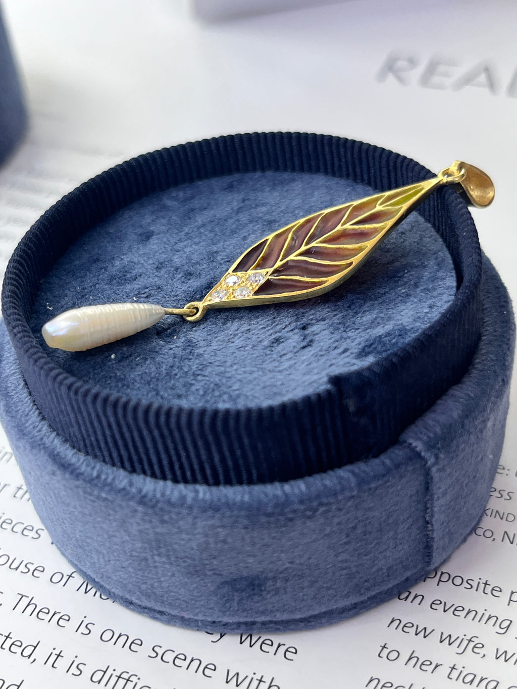 Vintage 18K Yellow Gold Plique A Jour Pearl Diamond Leaf Pendant