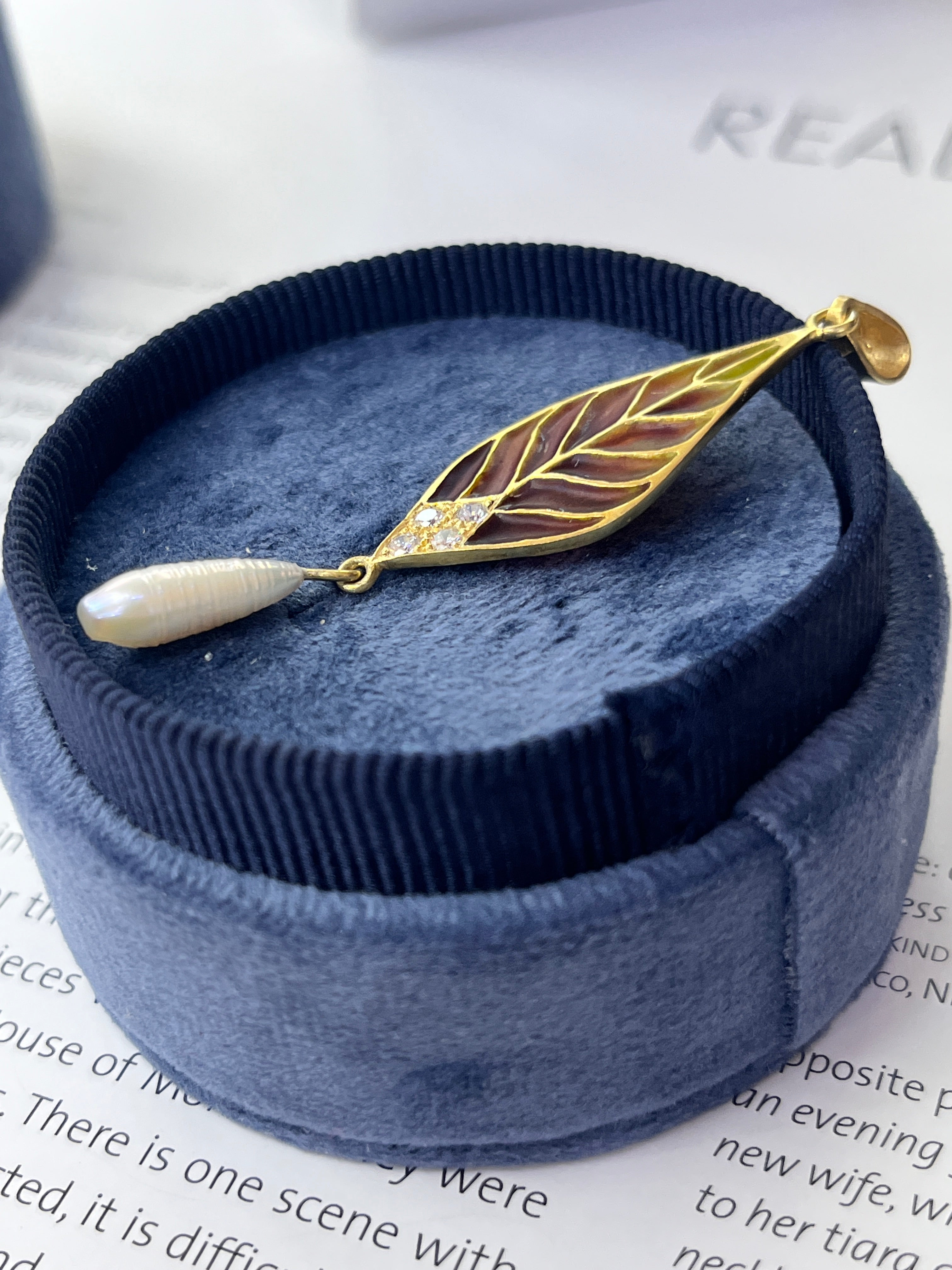 Vintage 18K Yellow Gold Plique A Jour Pearl Diamond Leaf Pendant