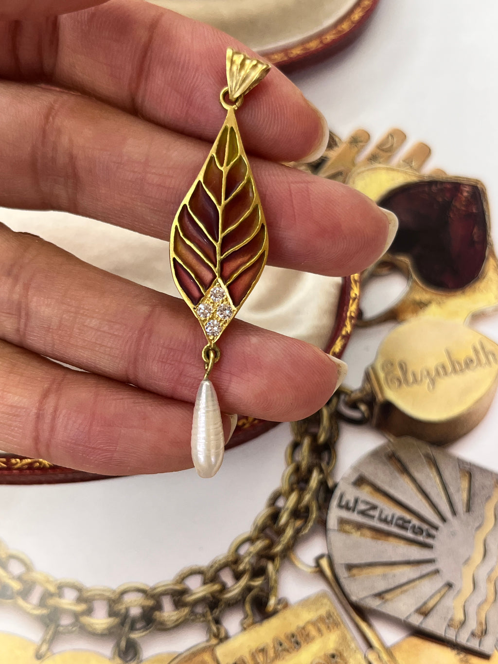 Vintage 18K Yellow Gold Plique A Jour Pearl Diamond Leaf Pendant