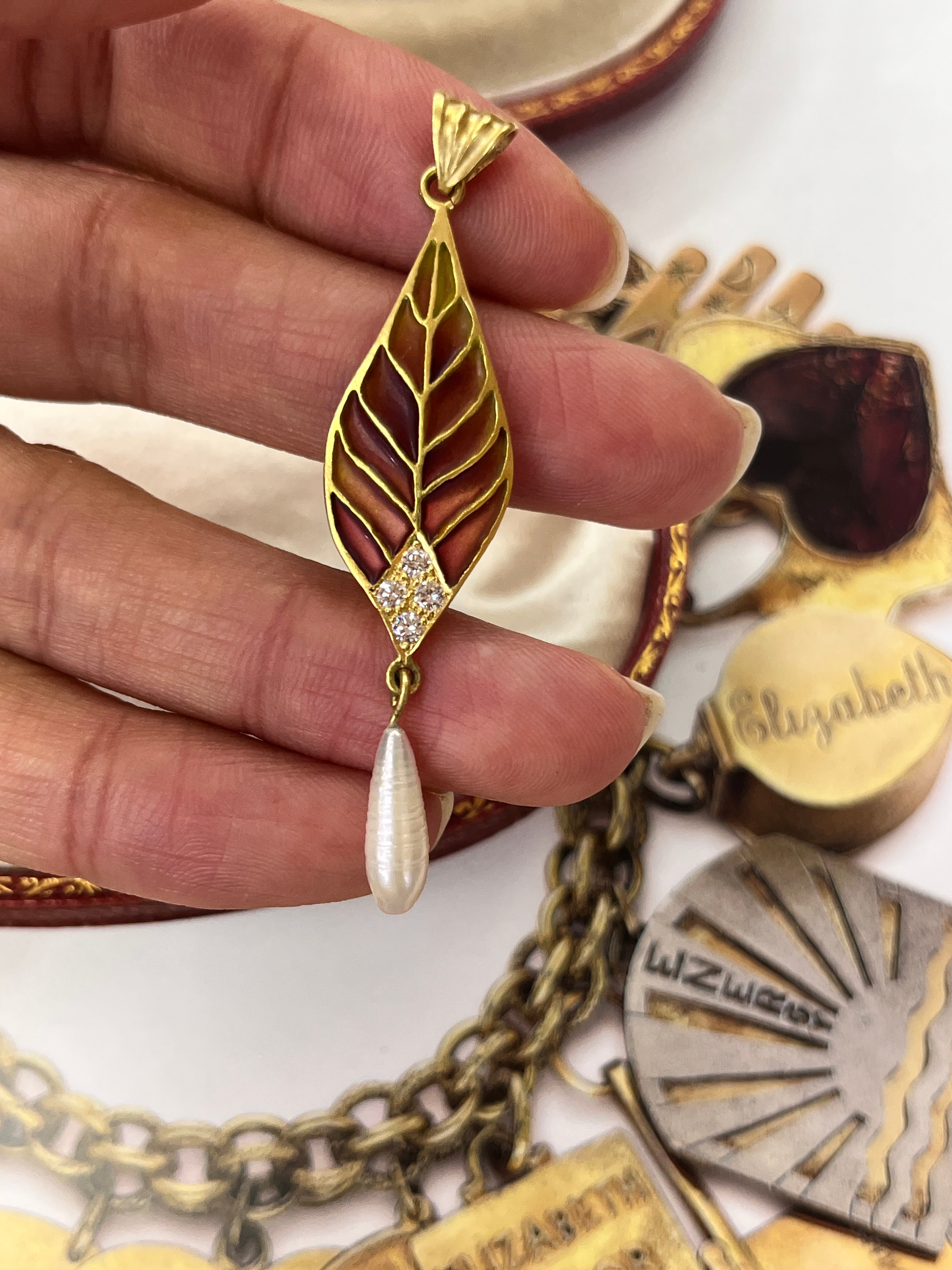 Vintage 18K Yellow Gold Plique A Jour Pearl Diamond Leaf Pendant